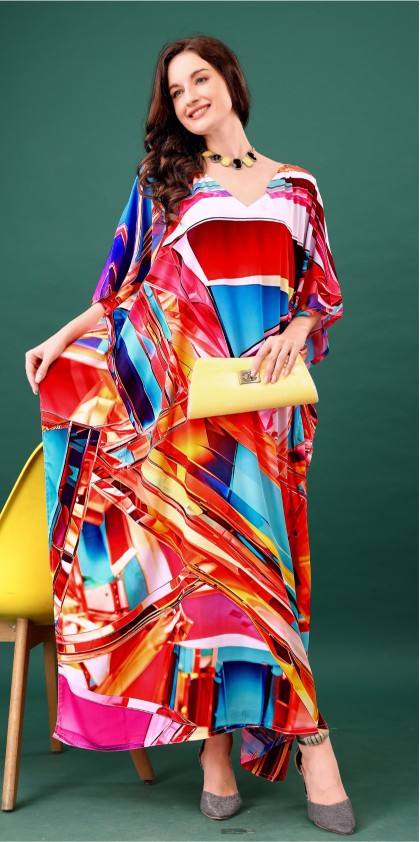 Sunset Prism Digital Printed Feather Silk Kaftan