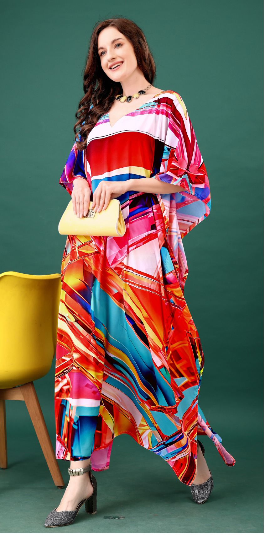 Sunset Prism Digital Printed Feather Silk Kaftan — alternate view