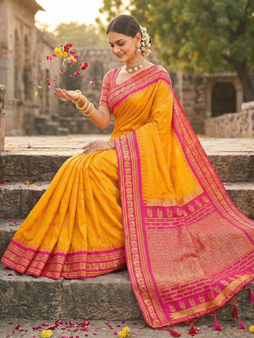 Sunshine Yellow Festive Border Soft Silk Saree — alternate view