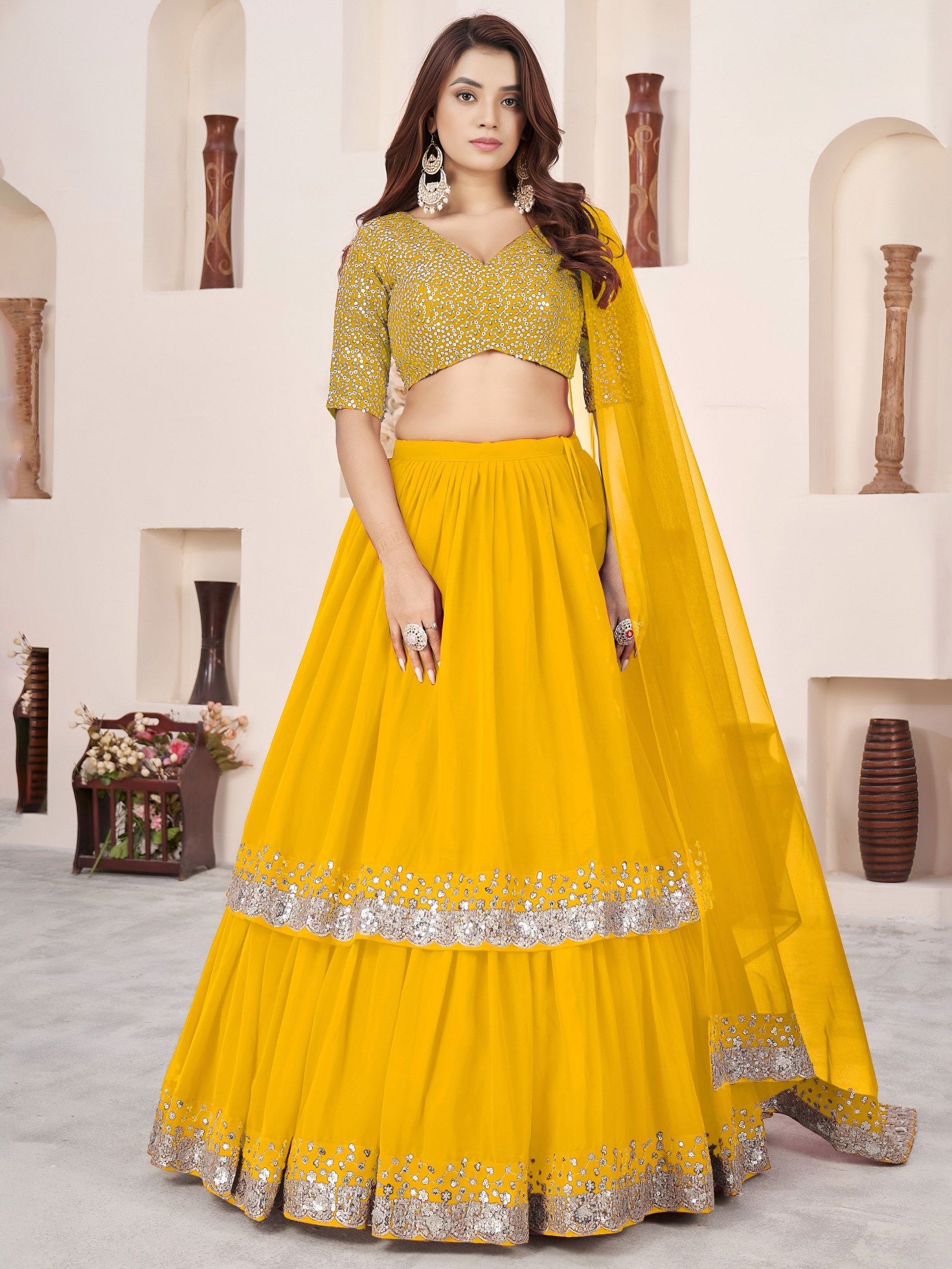 Sunshine Yellow Zari Embroidered Layered Lehenga Choli