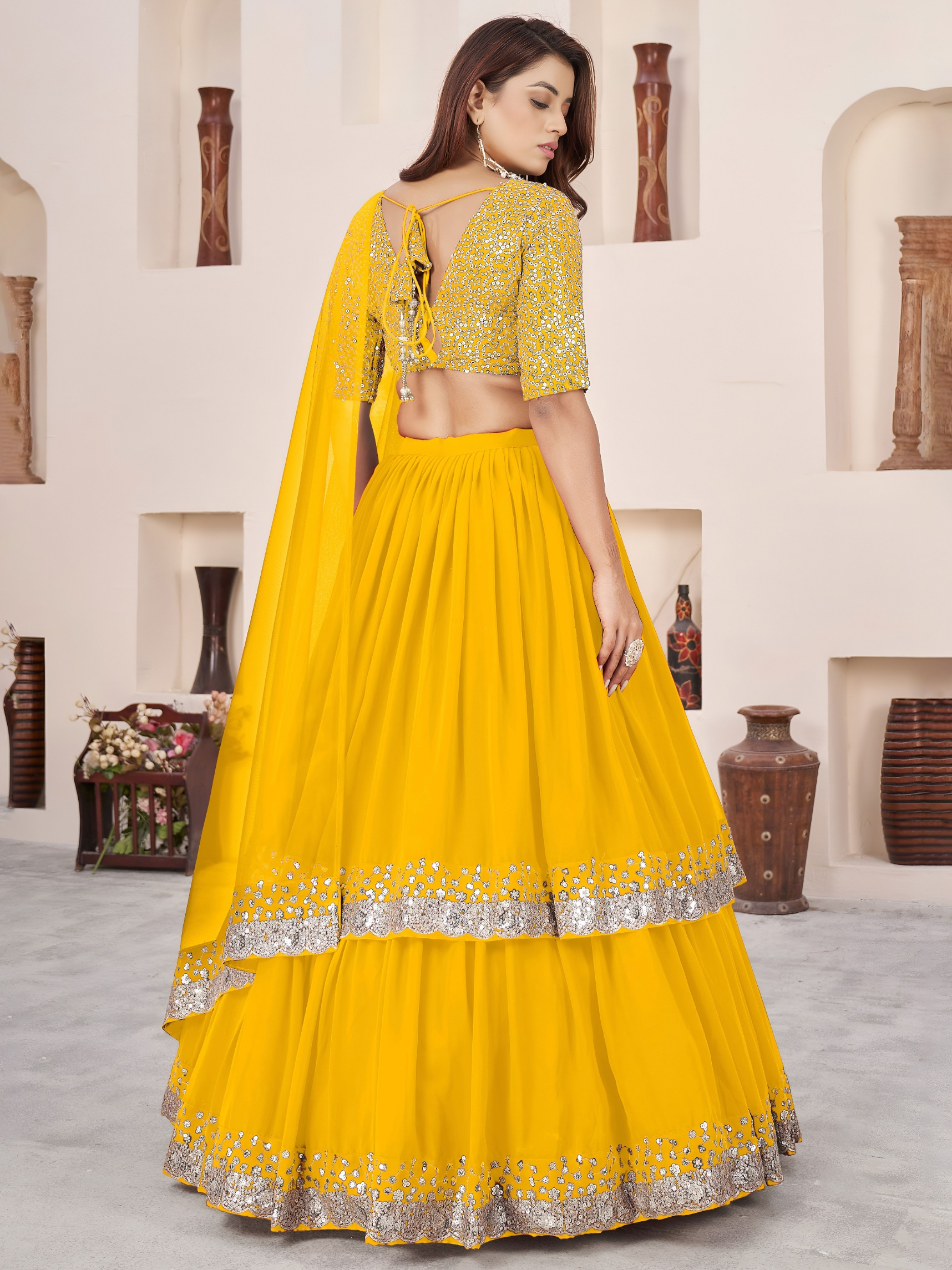 Sunshine Yellow Zari Embroidered Layered Lehenga Choli — alternate view