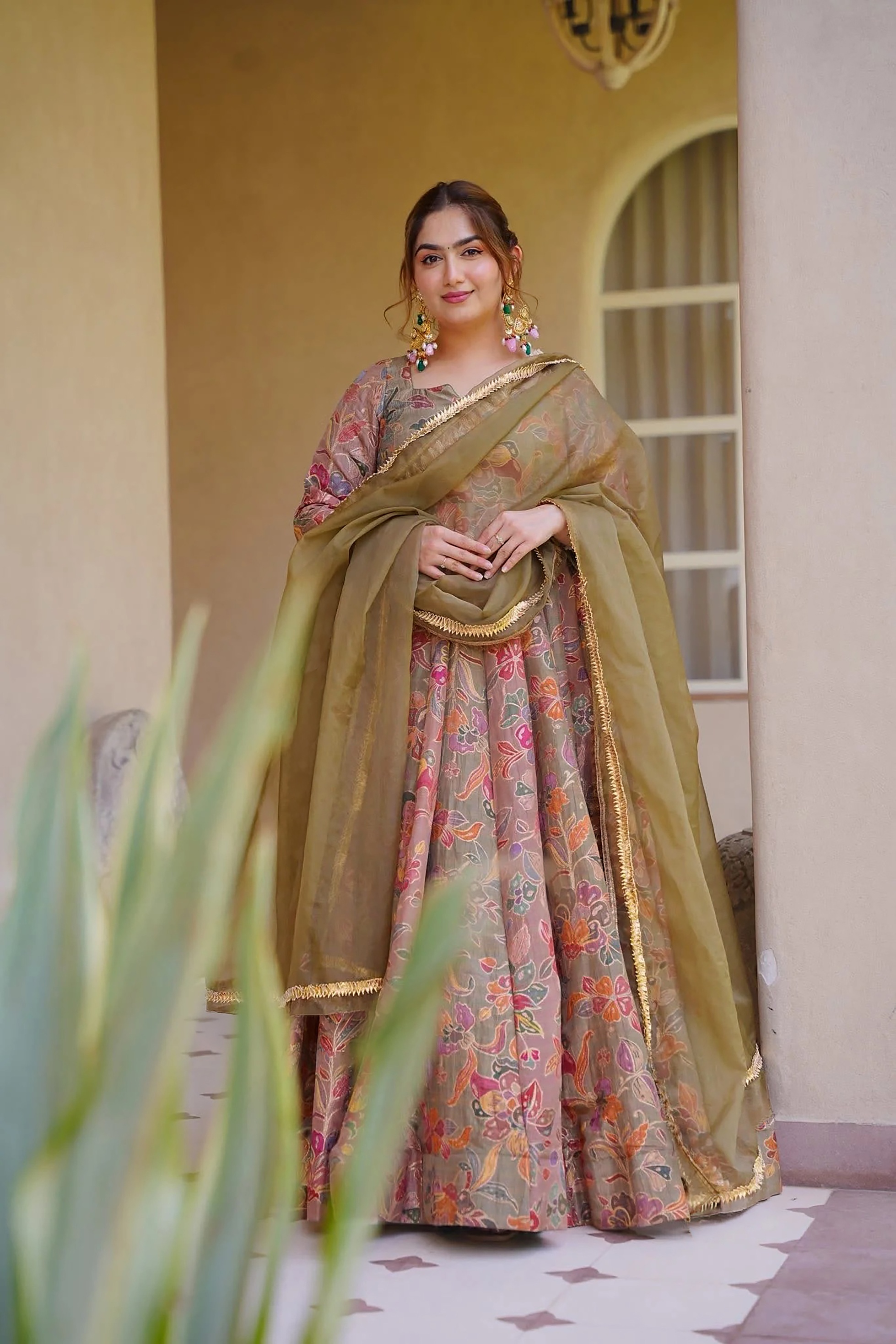 Taupe Floral Digital Print Silk Empire Gown