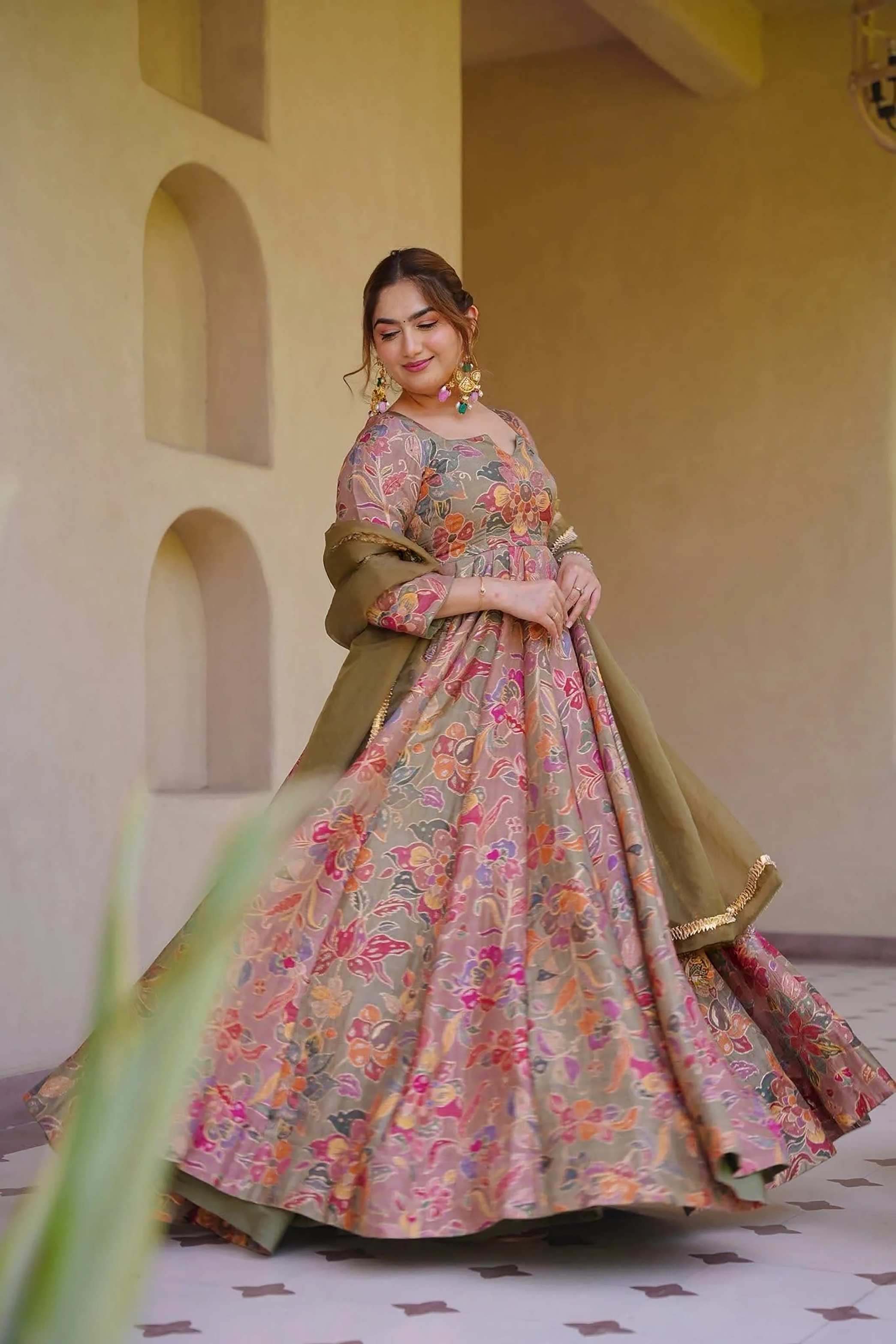 Taupe Floral Digital Print Silk Empire Gown