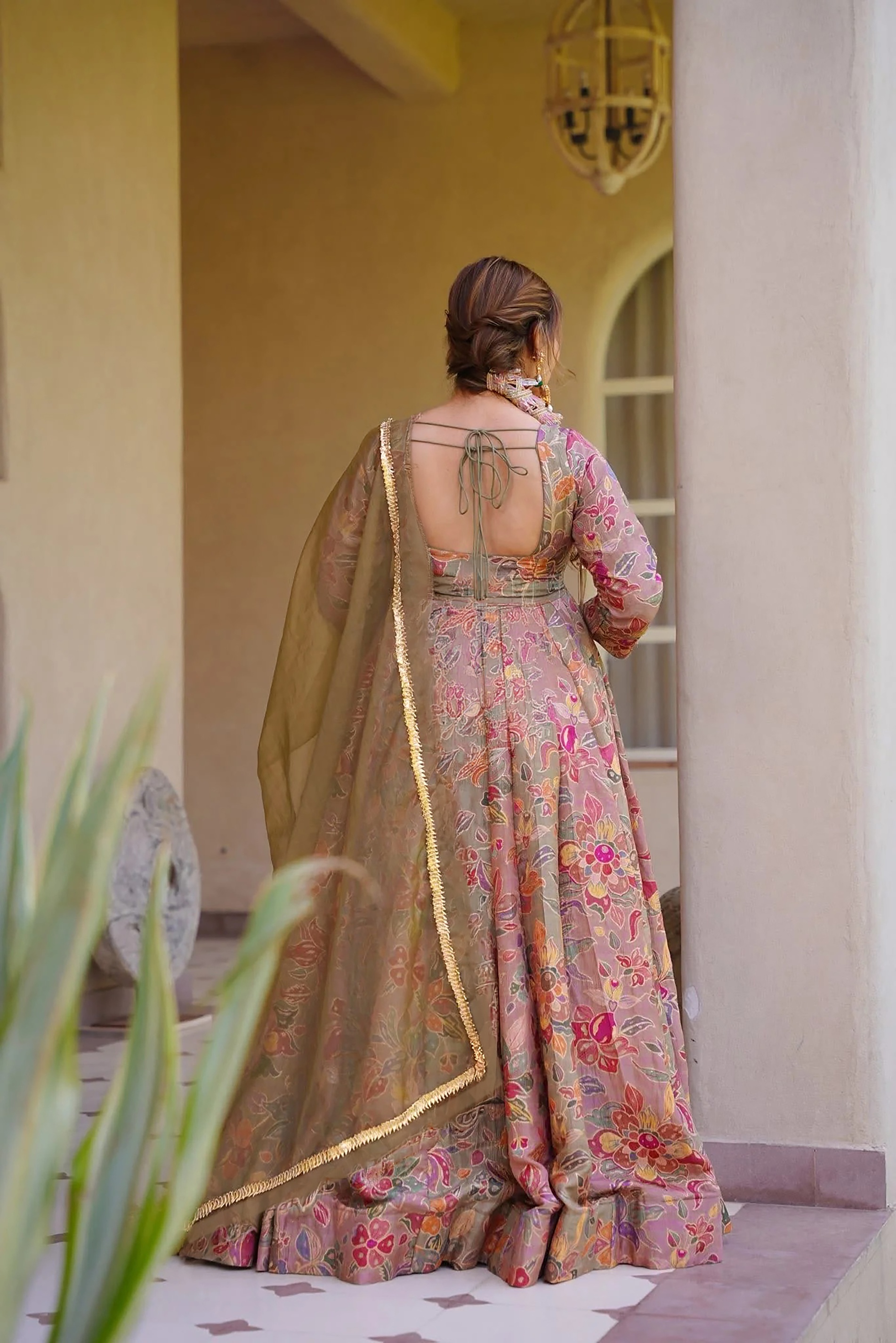Taupe Floral Digital Print Silk Empire Gown