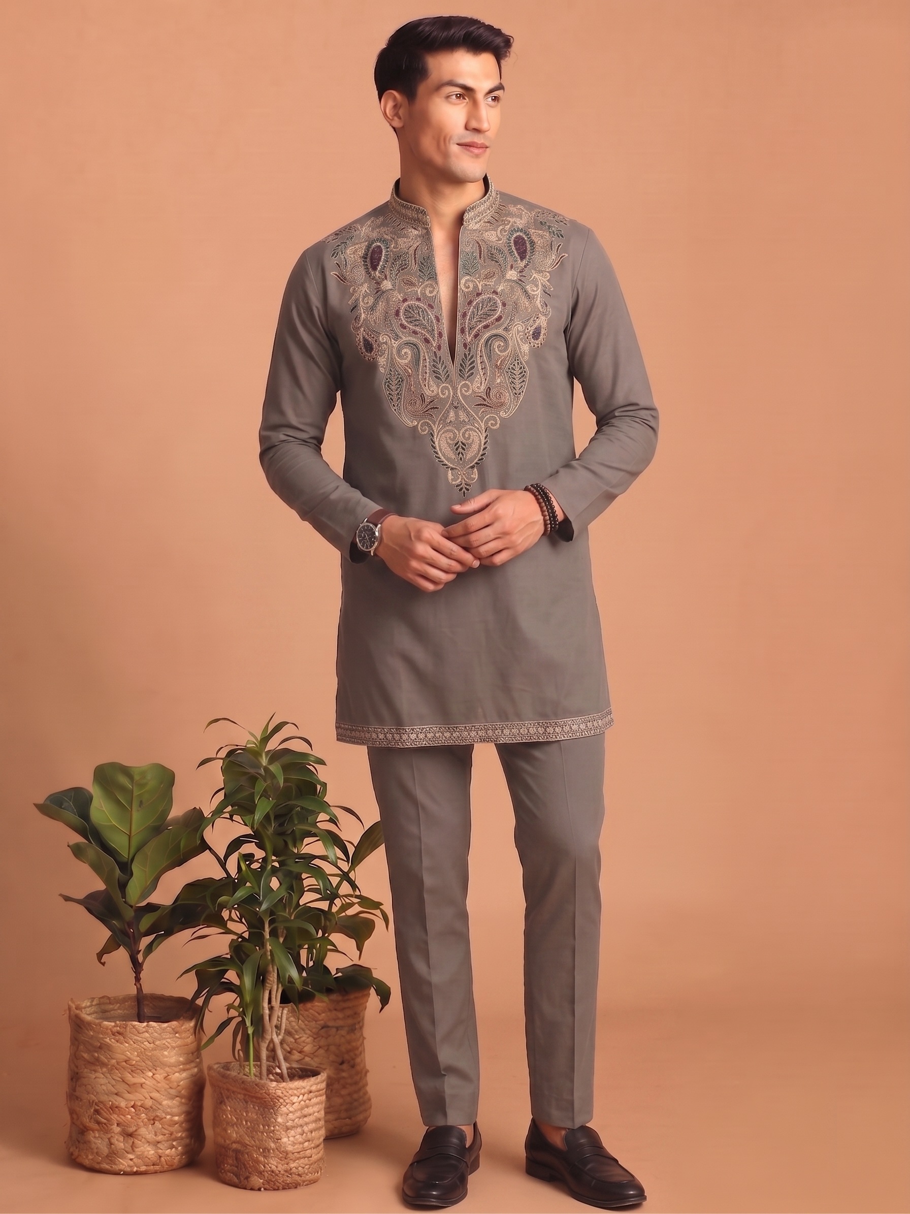 Taupe Grey Paisley Embroidered Lachka Kurta Pyjama