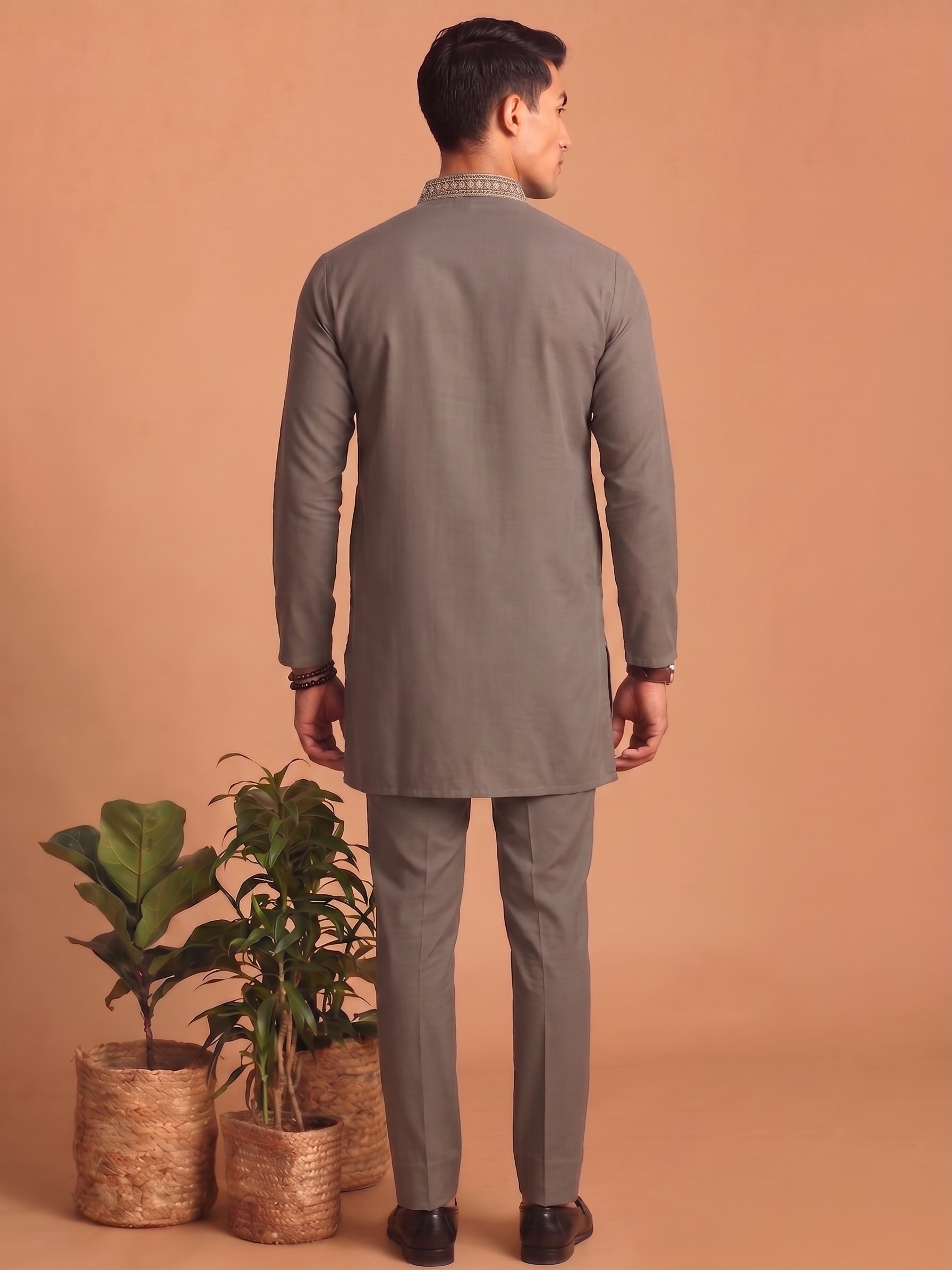 Taupe Grey Paisley Embroidered Lachka Kurta Pyjama — alternate view