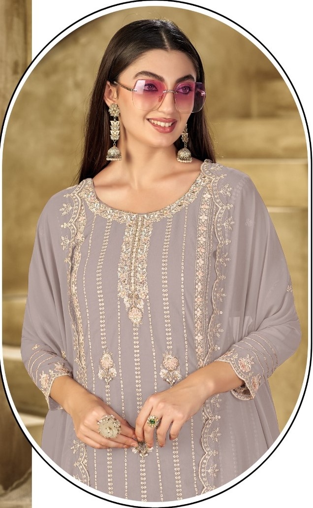 Taupe Stripe Designer Embroidery Georgette Straight Suit — alternate view