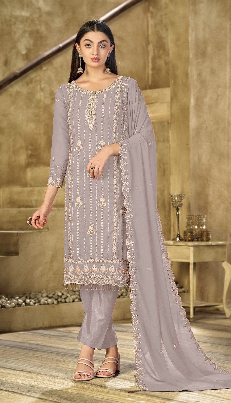 Taupe Stripe Designer Embroidery Georgette Straight Suit