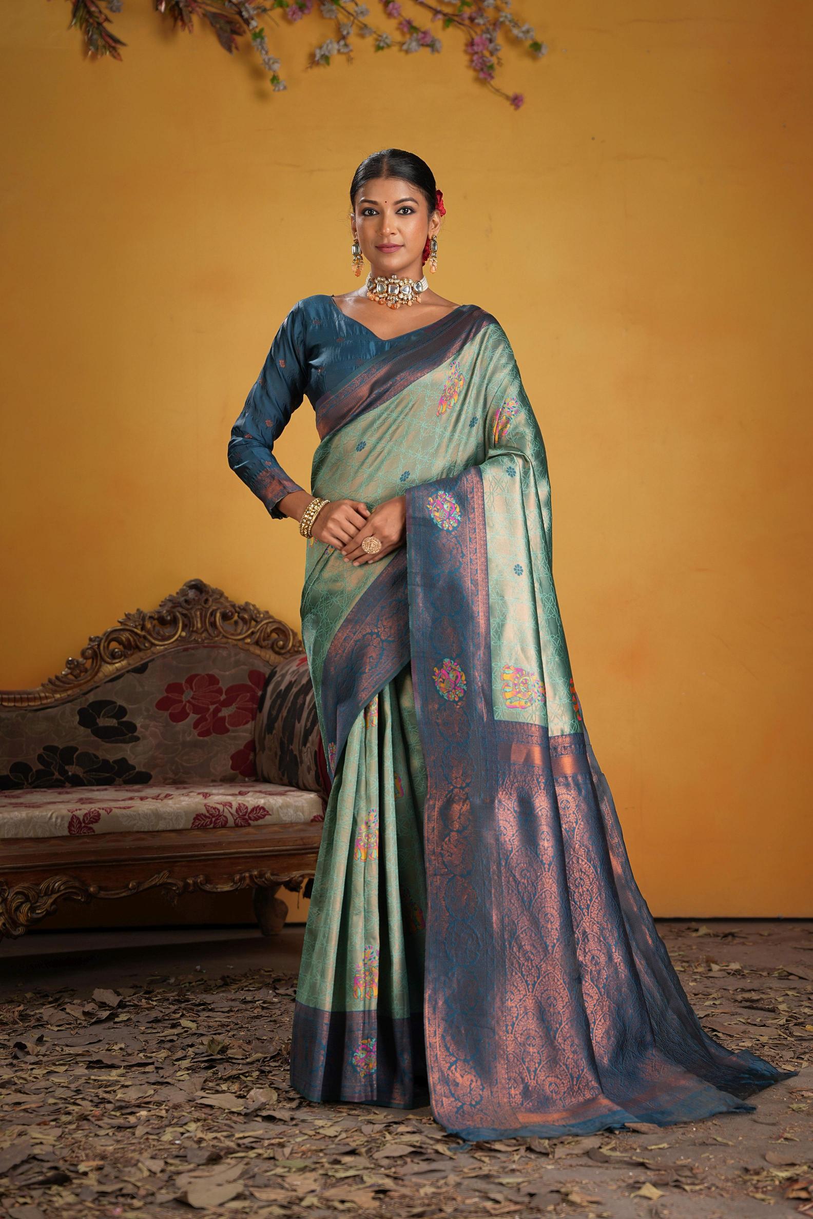 Teal Art Silk Woven Jacquard Saree
