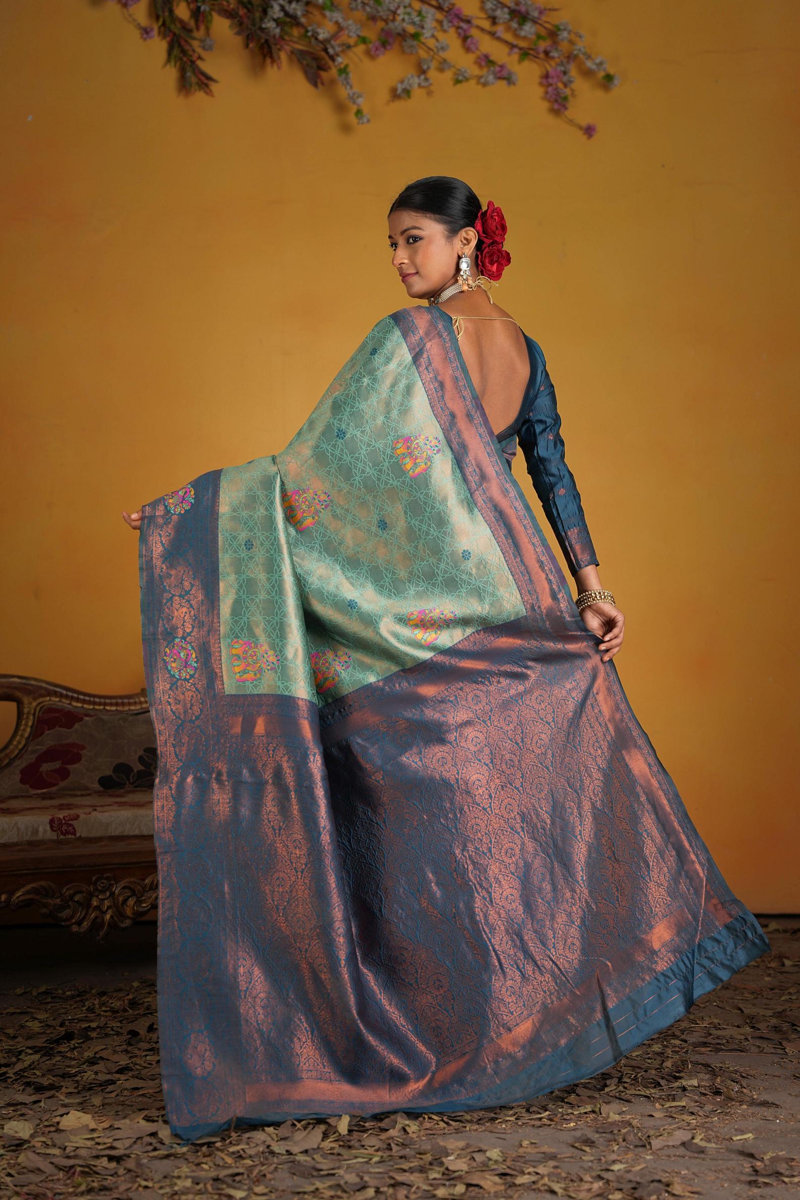 Teal Art Silk Woven Jacquard Saree — alternate view