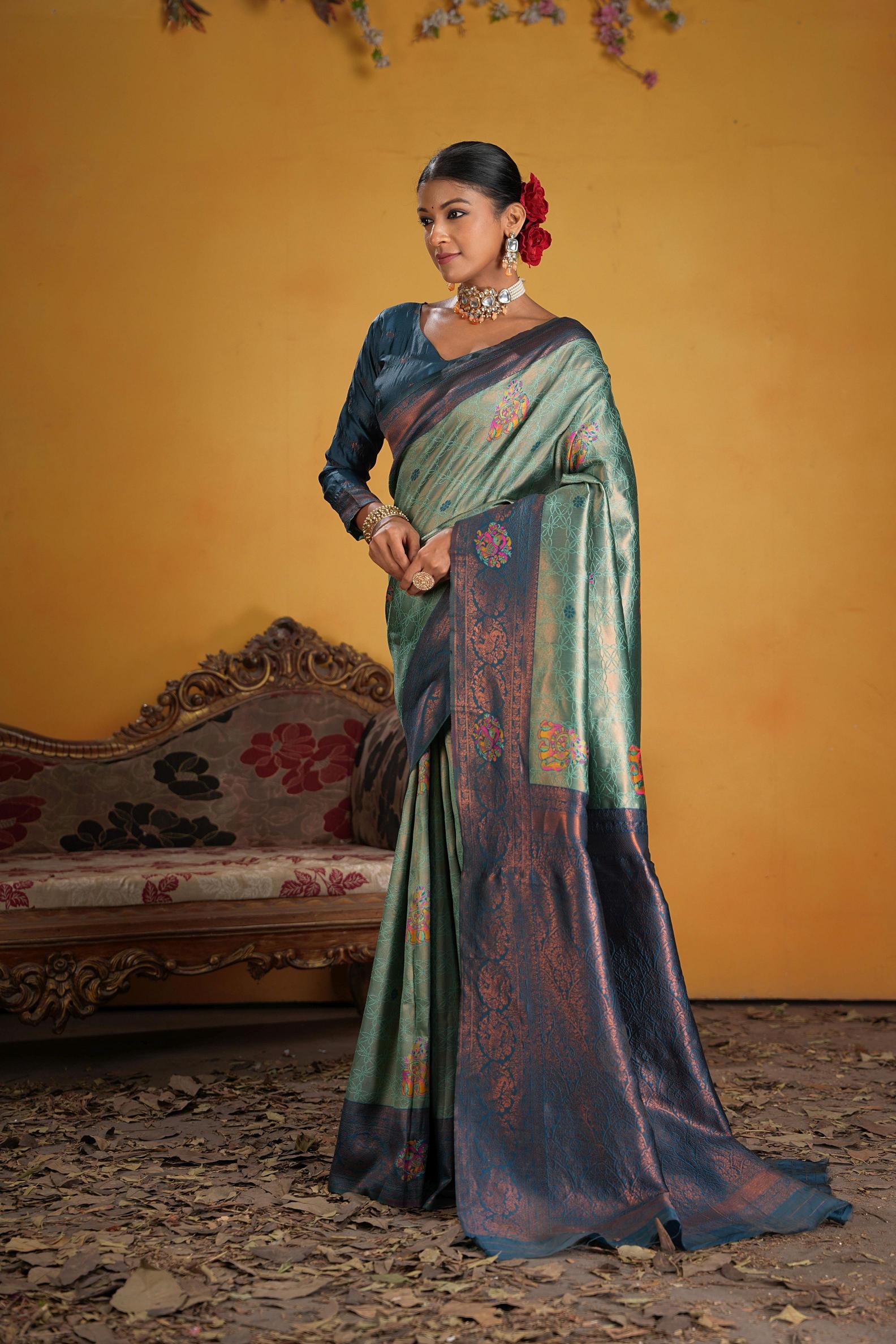 Teal Art Silk Woven Jacquard Saree