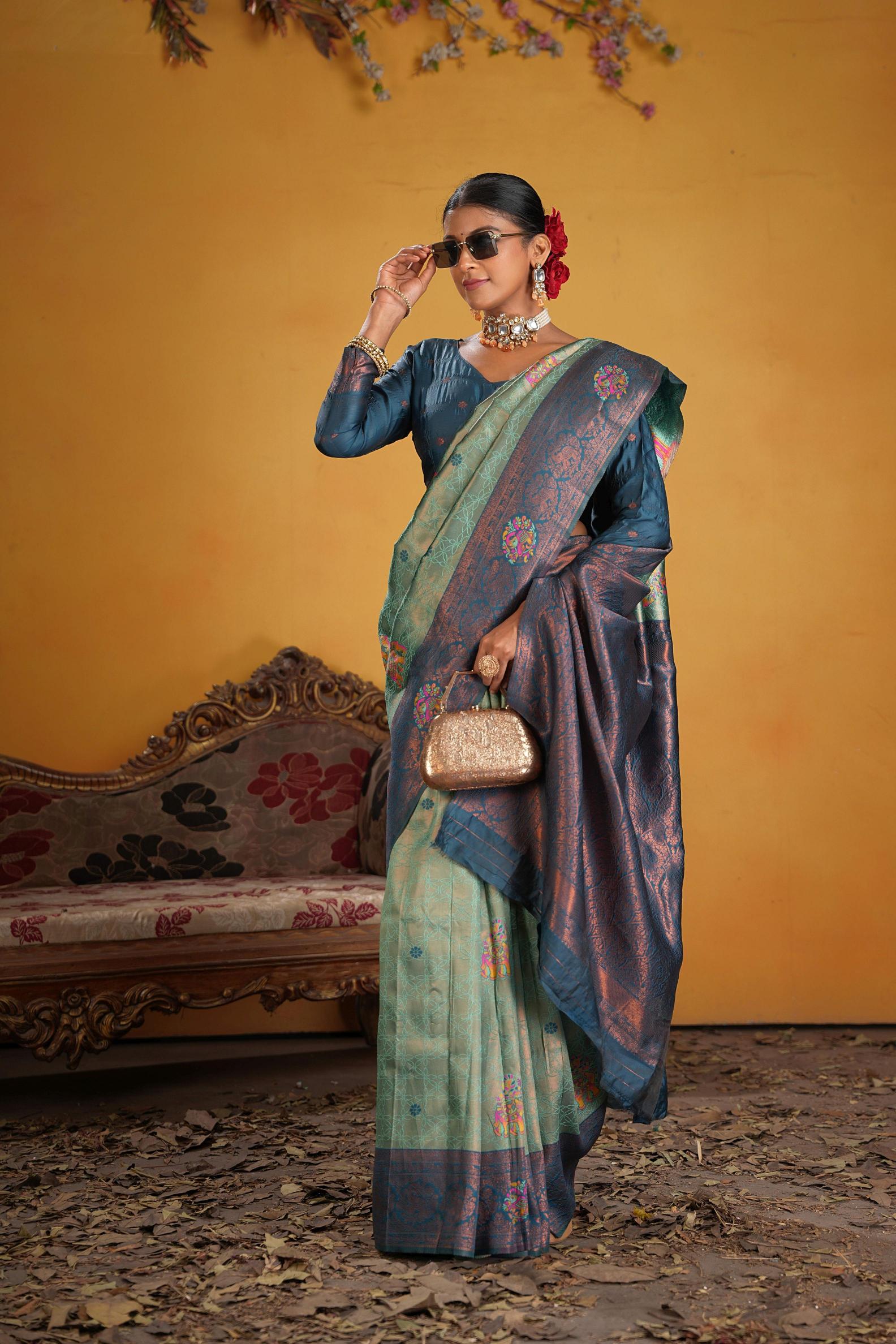 Teal Art Silk Woven Jacquard Saree