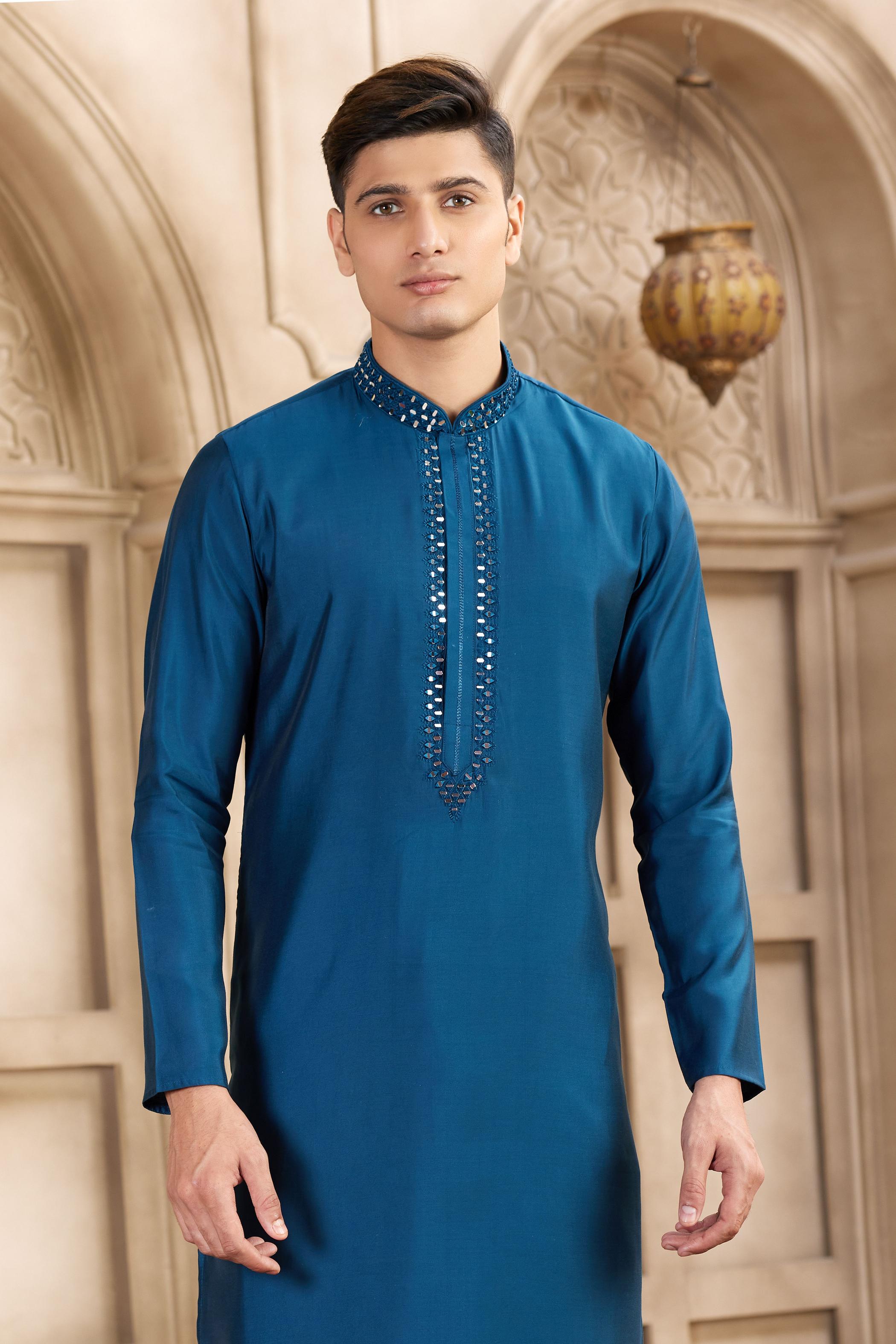 Teal Blue Art Silk Kurta Payjama — alternate view