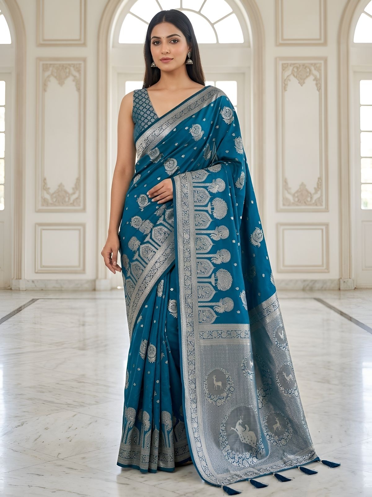 Teal Blue Banarasi Woven Silk Saree