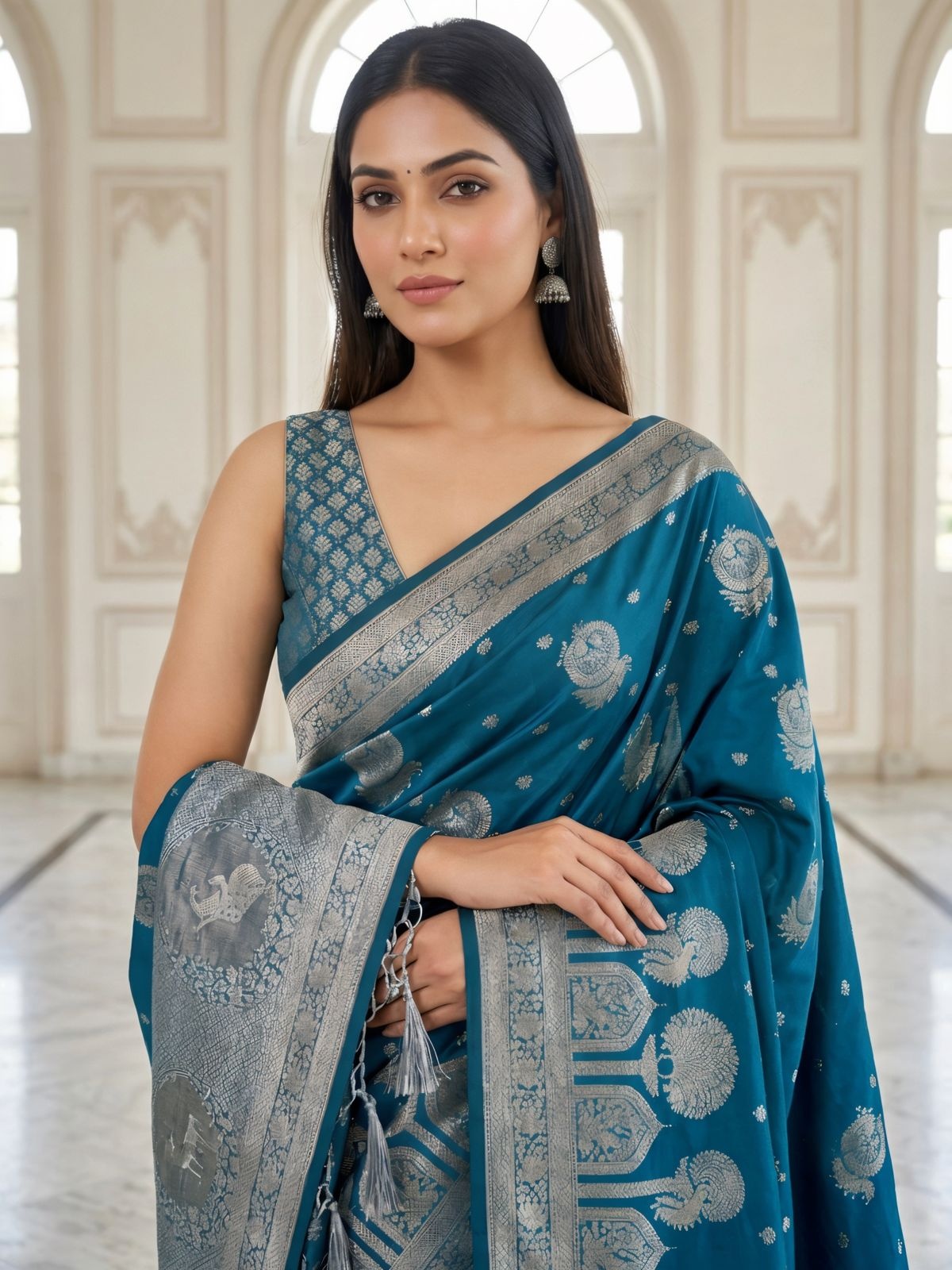 Teal Blue Banarasi Woven Silk Saree — alternate view