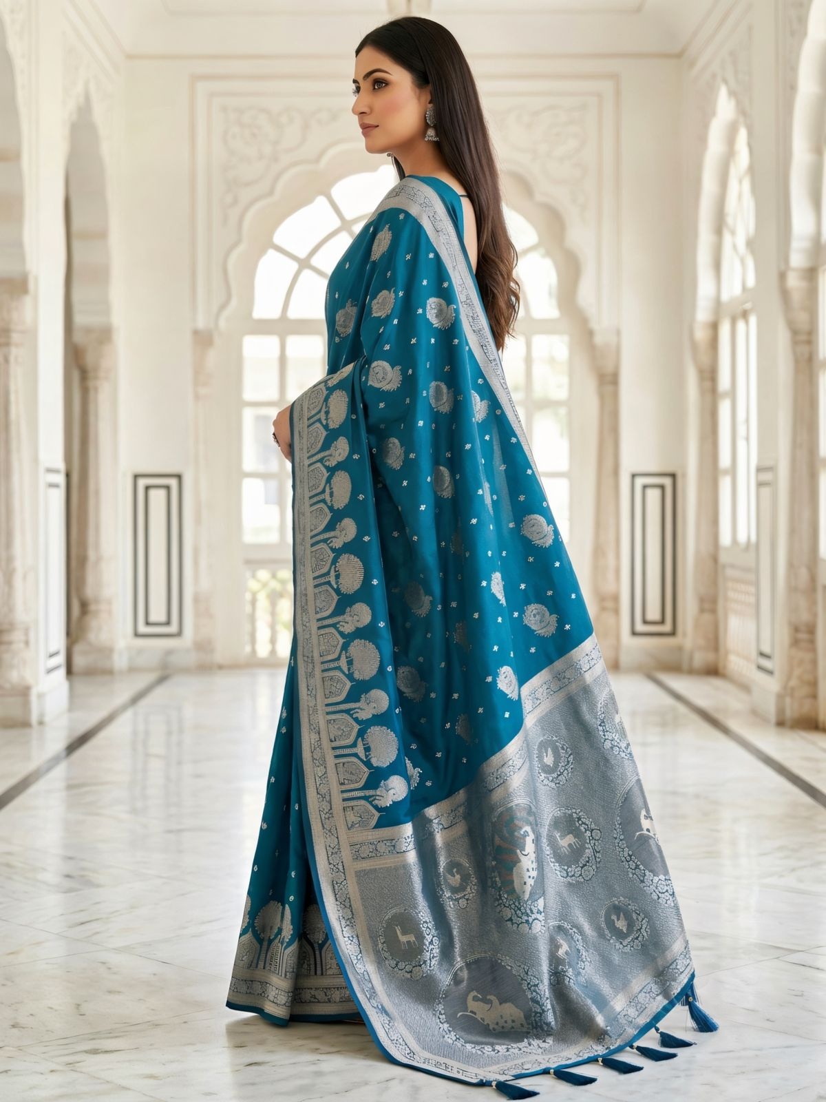 Teal Blue Banarasi Woven Silk Saree