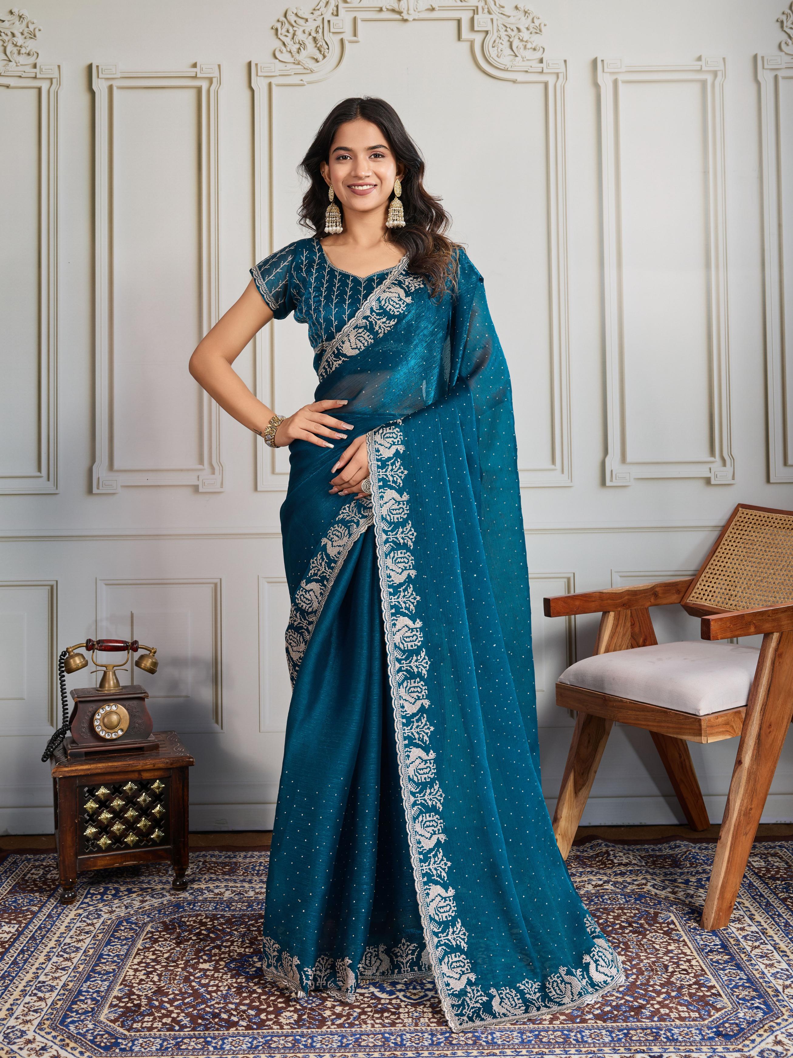 Teal Blue Burberry Silk Saree