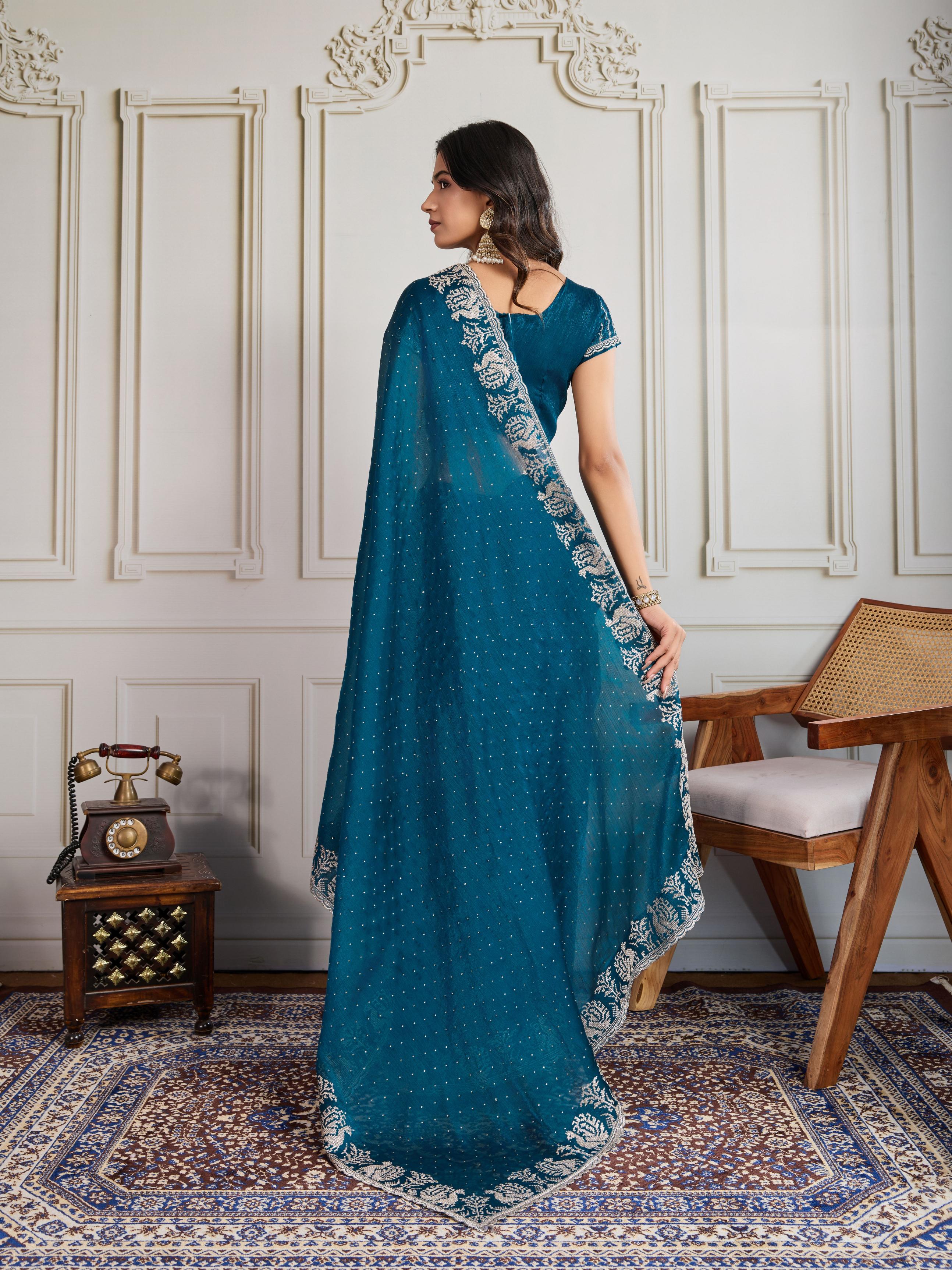 Teal Blue Burberry Silk Saree — alternate view