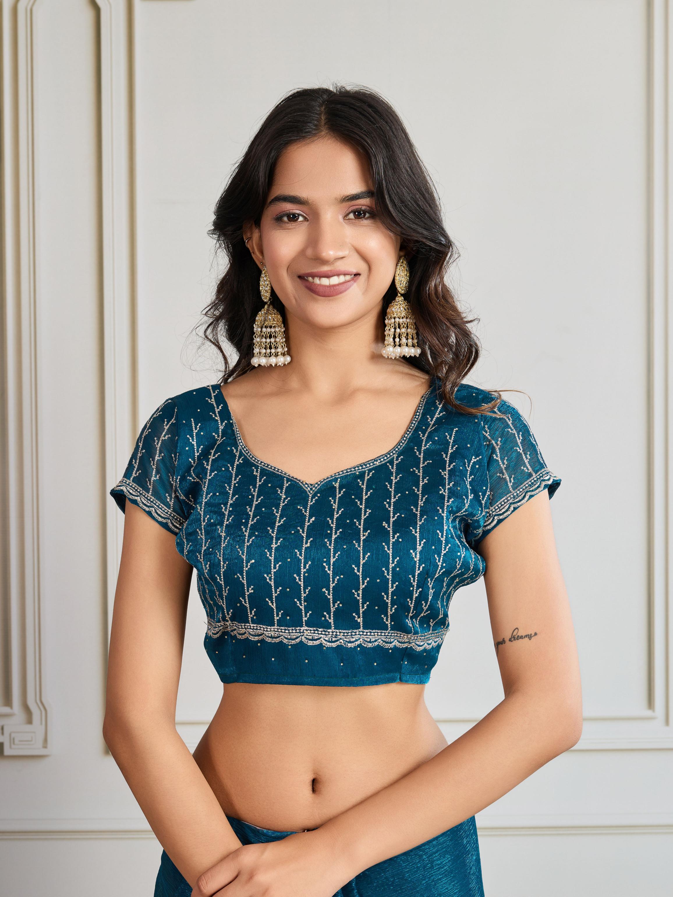 Teal Blue Burberry Silk Saree