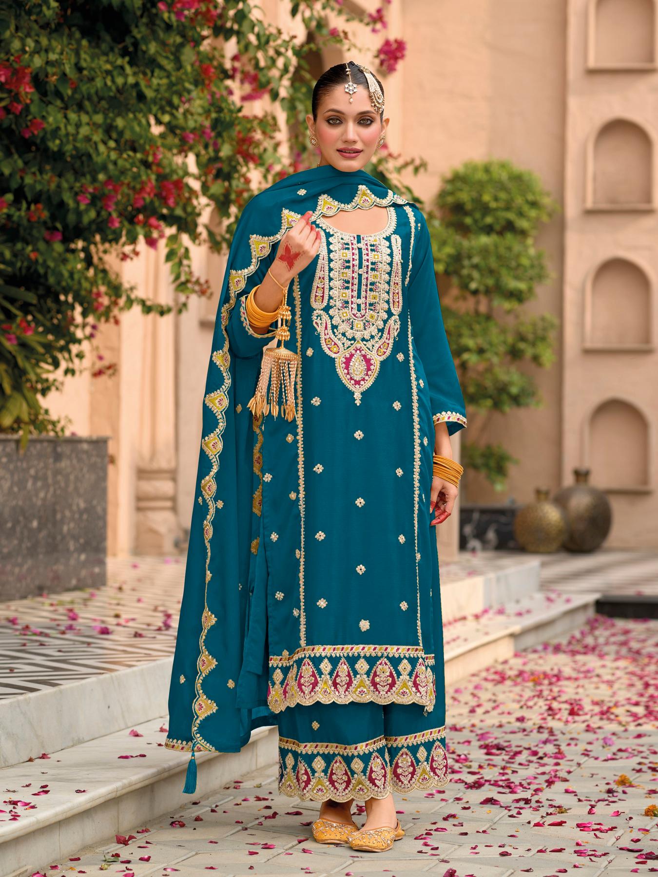 Teal Blue Chinnon Sharara Suits