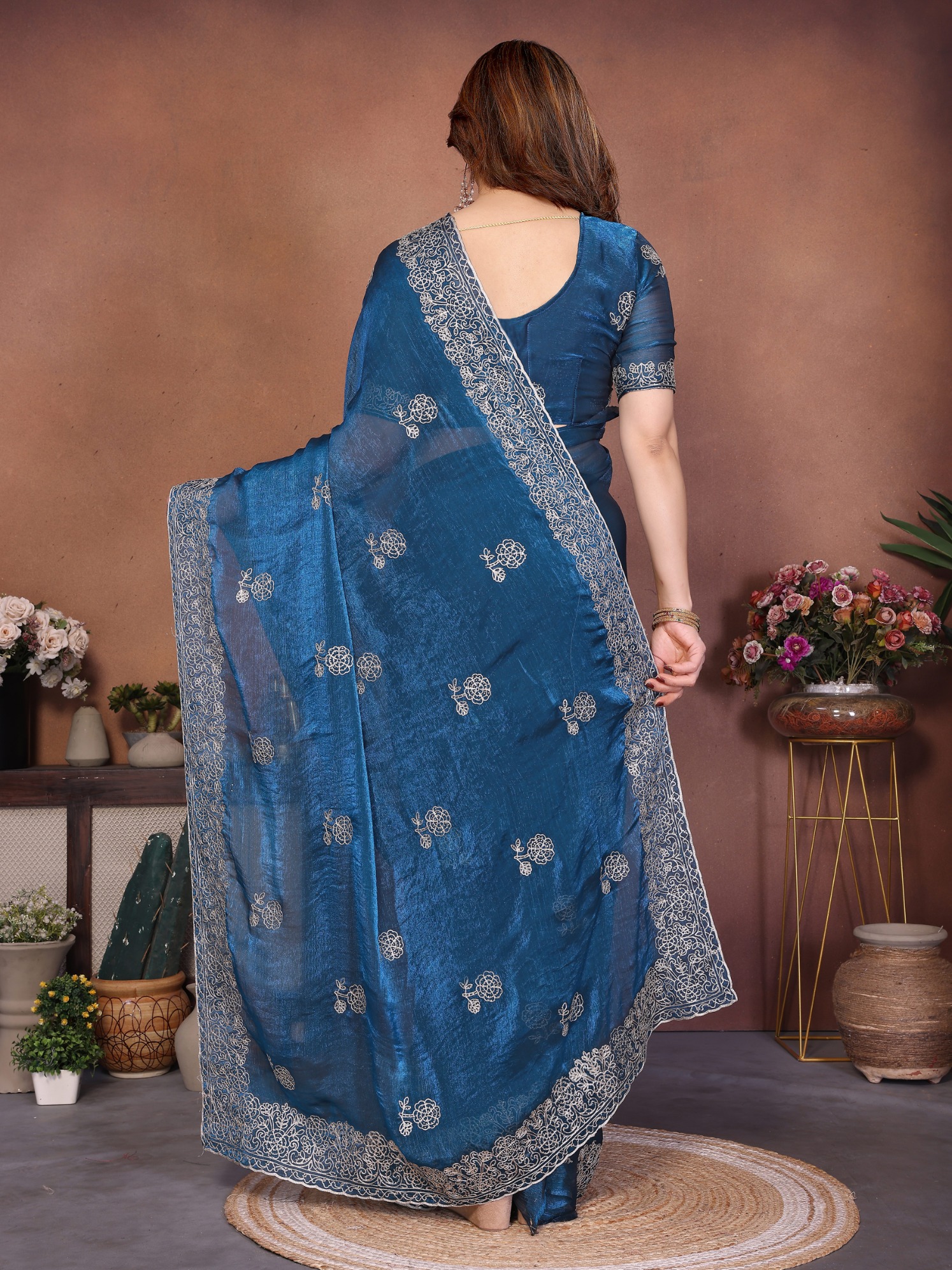 Teal Blue Designer Embroidered Fendy Chiffon Saree — alternate view