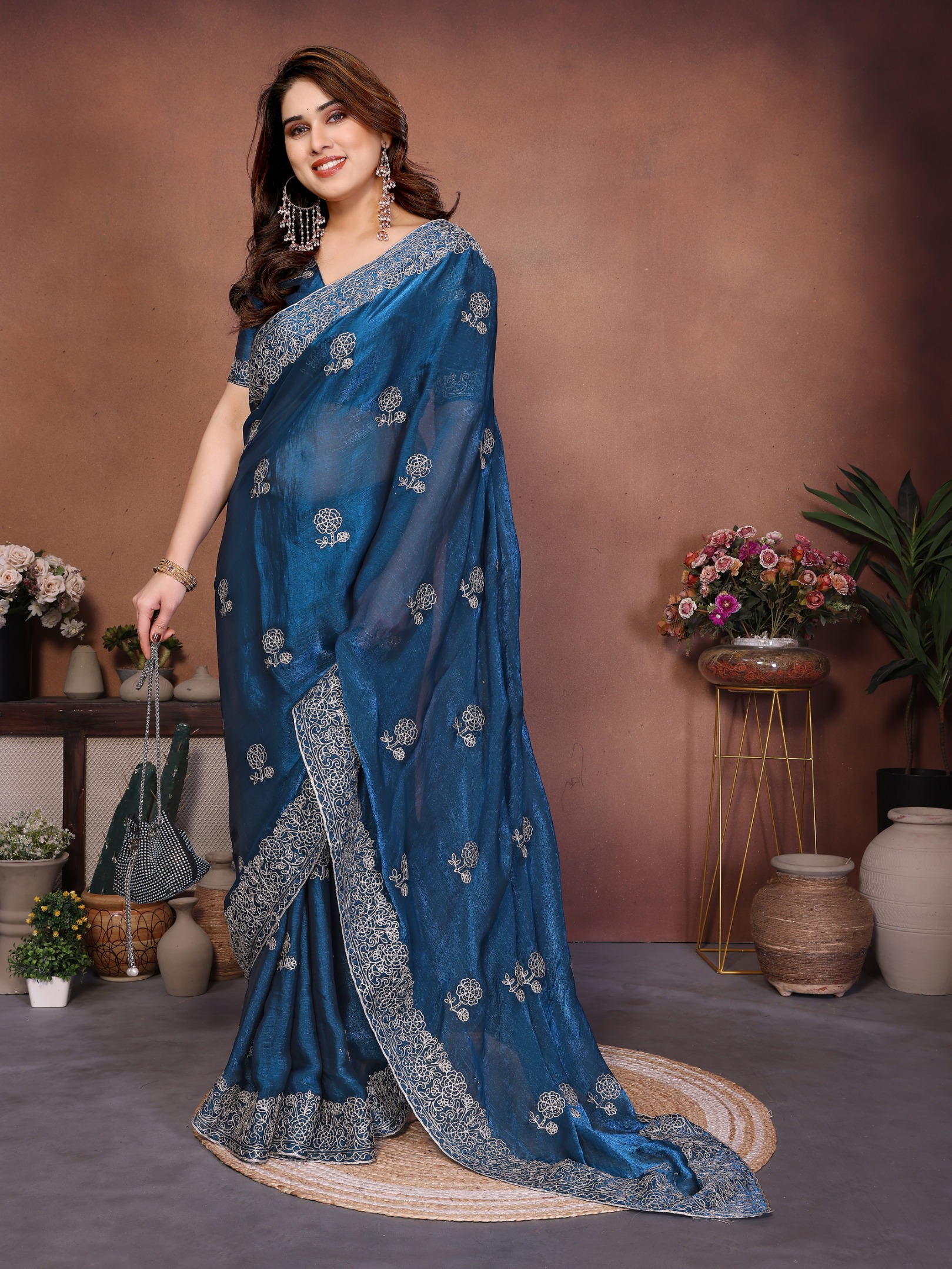 Teal Blue Designer Embroidered Fendy Chiffon Saree