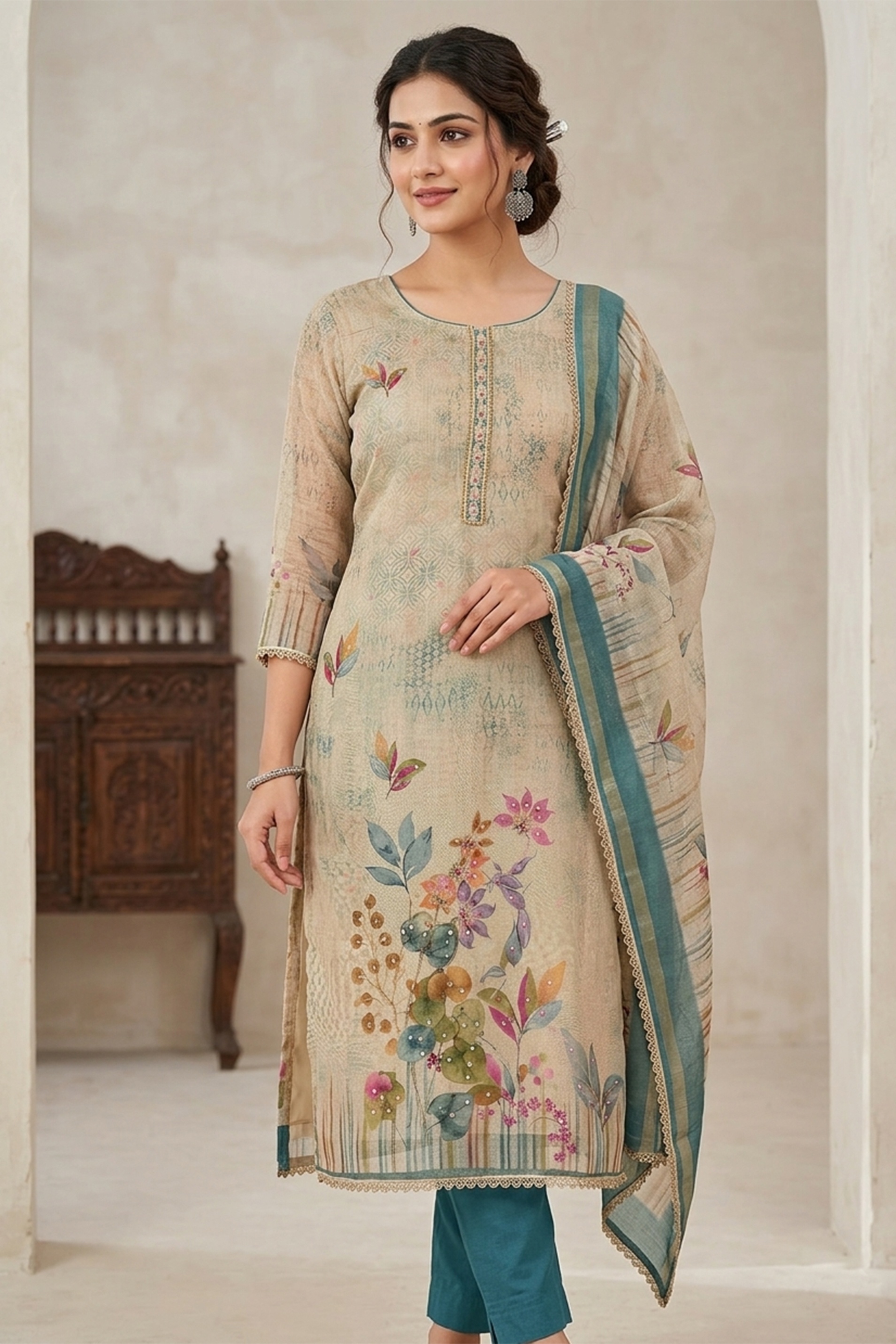 Teal Blue Designer Printed Cotton Straight Salwar Suit