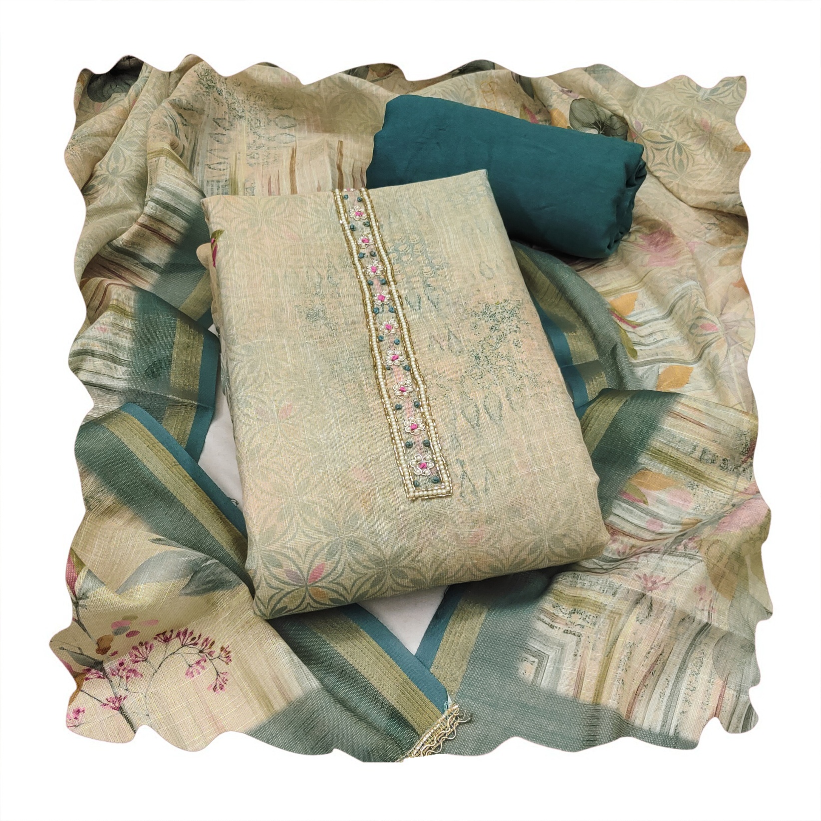Teal Blue Designer Printed Cotton Straight Salwar Suit — alternate view