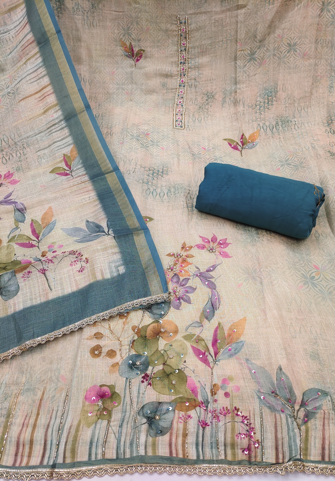 Teal Blue Designer Printed Cotton Straight Salwar Suit