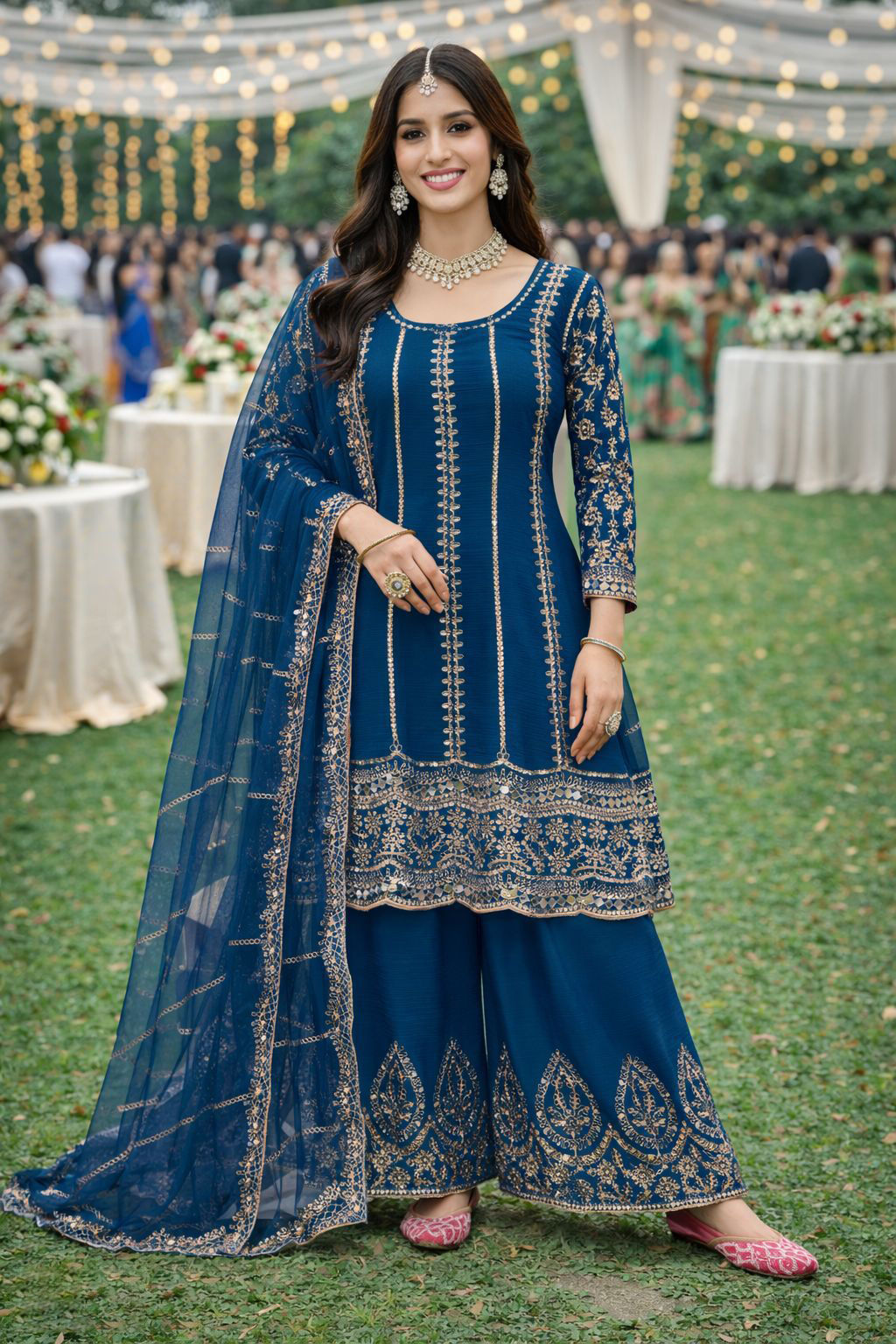 Teal Blue Embroidered Chinon Palazzo Suit