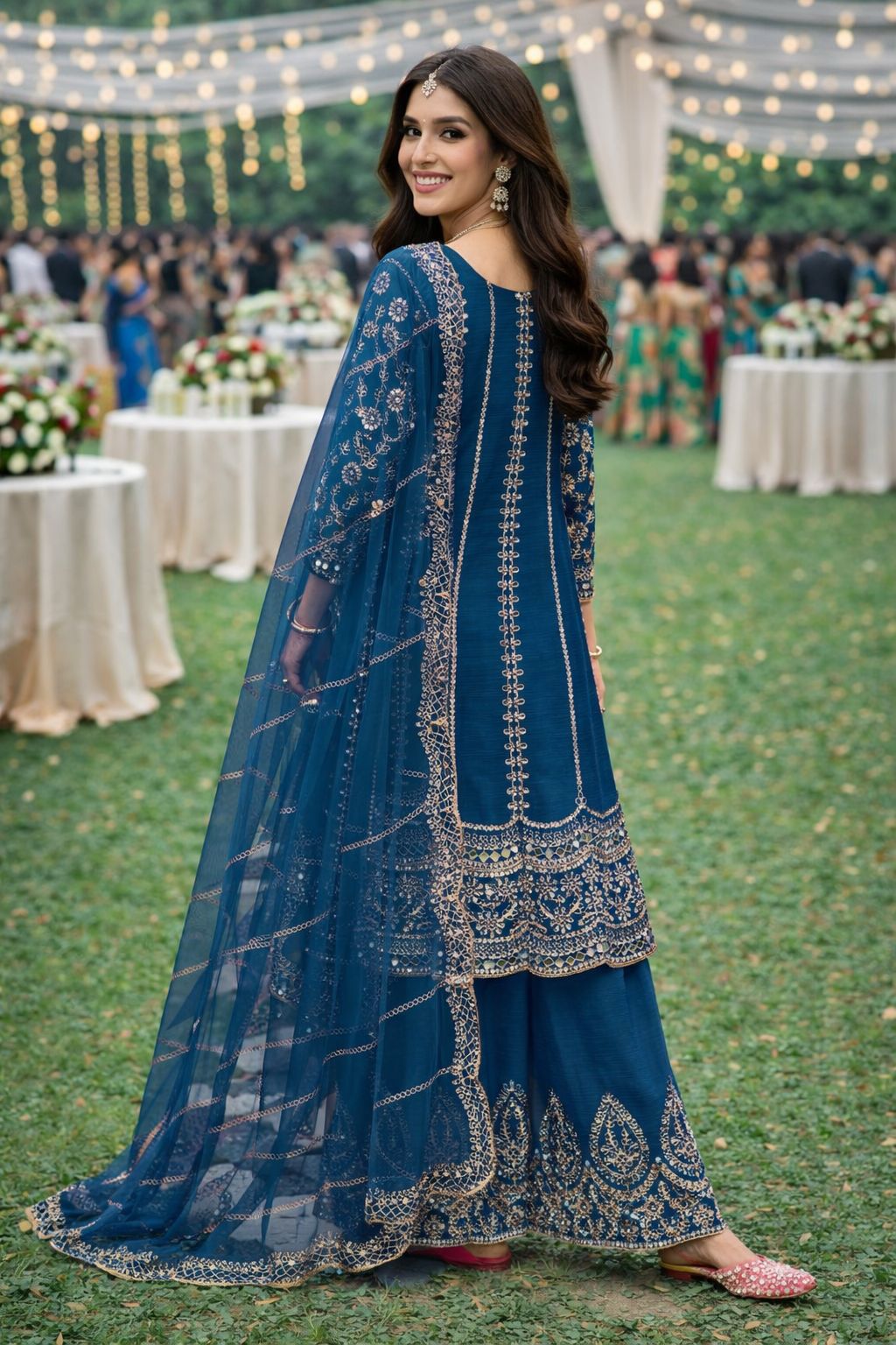 Teal Blue Embroidered Chinon Palazzo Suit — alternate view