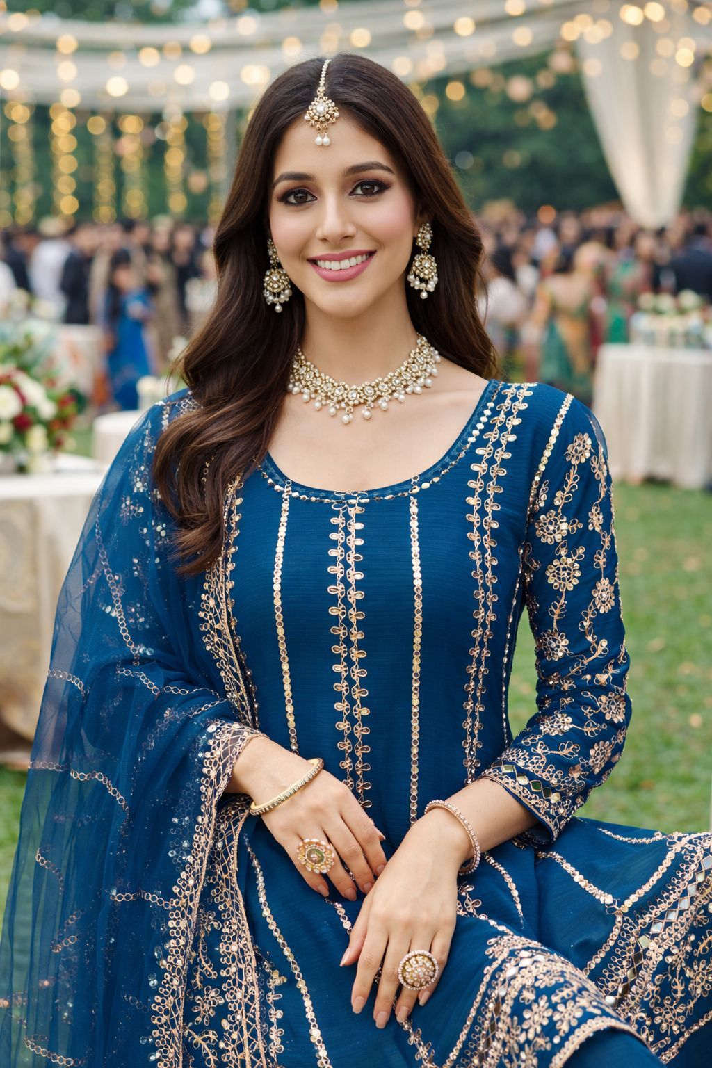 Teal Blue Embroidered Chinon Palazzo Suit