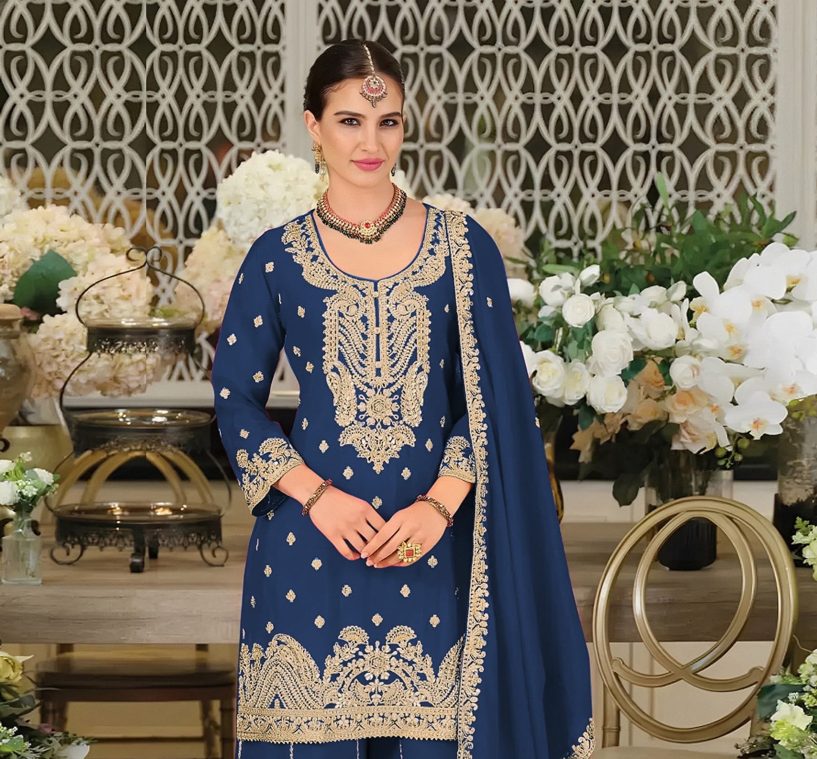 Teal Blue Embroidered Chinon Palazzo Suit — alternate view