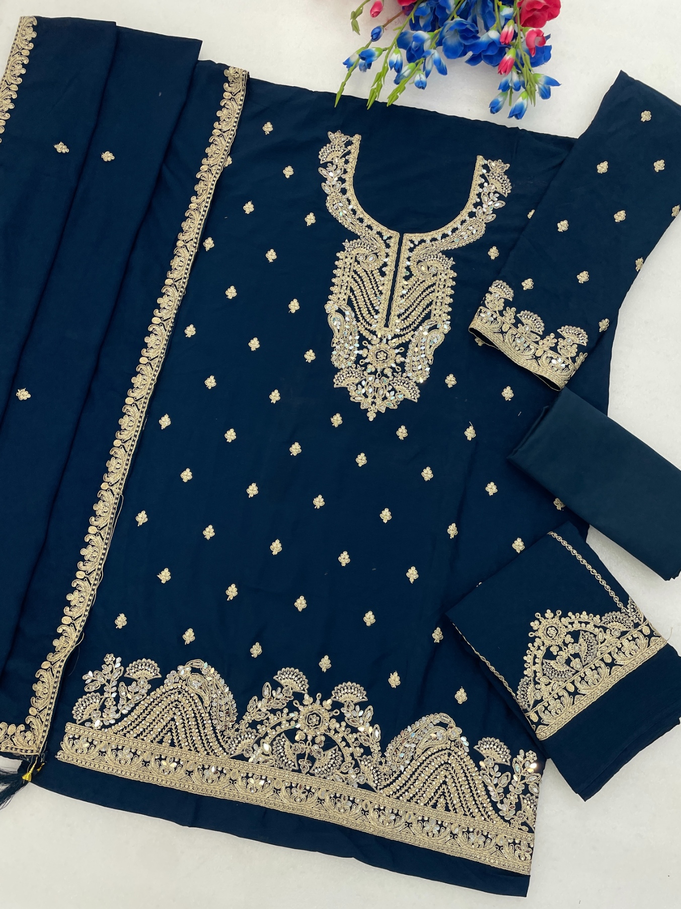 Teal Blue Embroidered Chinon Palazzo Suit