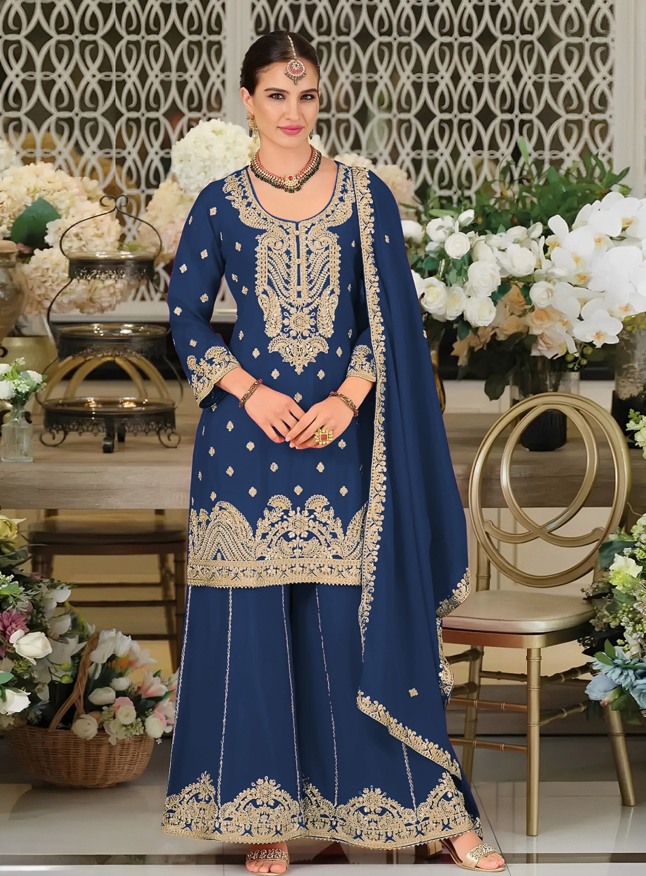 Teal Blue Embroidered Chinon Palazzo Suit