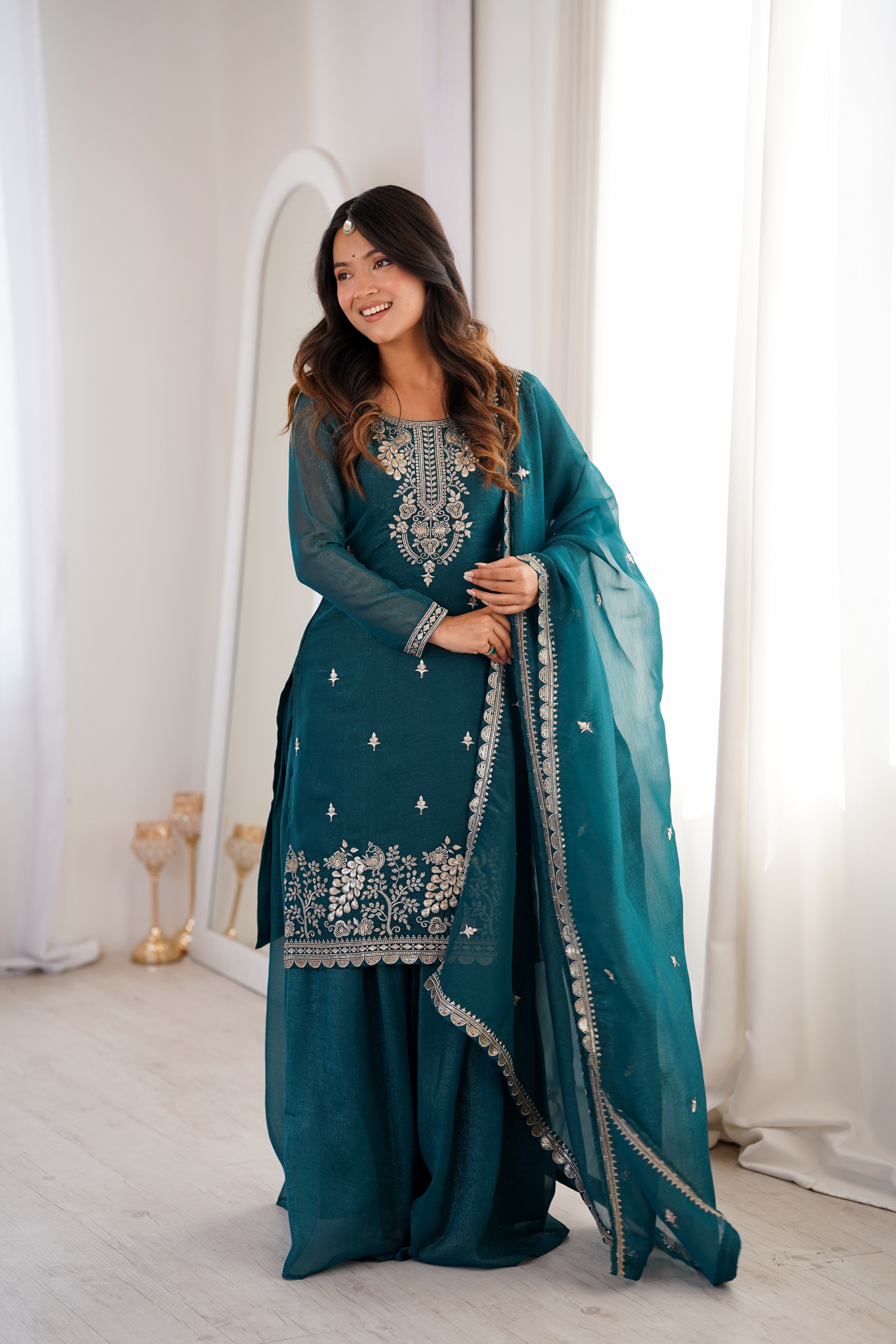 Teal Blue Embroidered Crunchy Silk Sharara Set