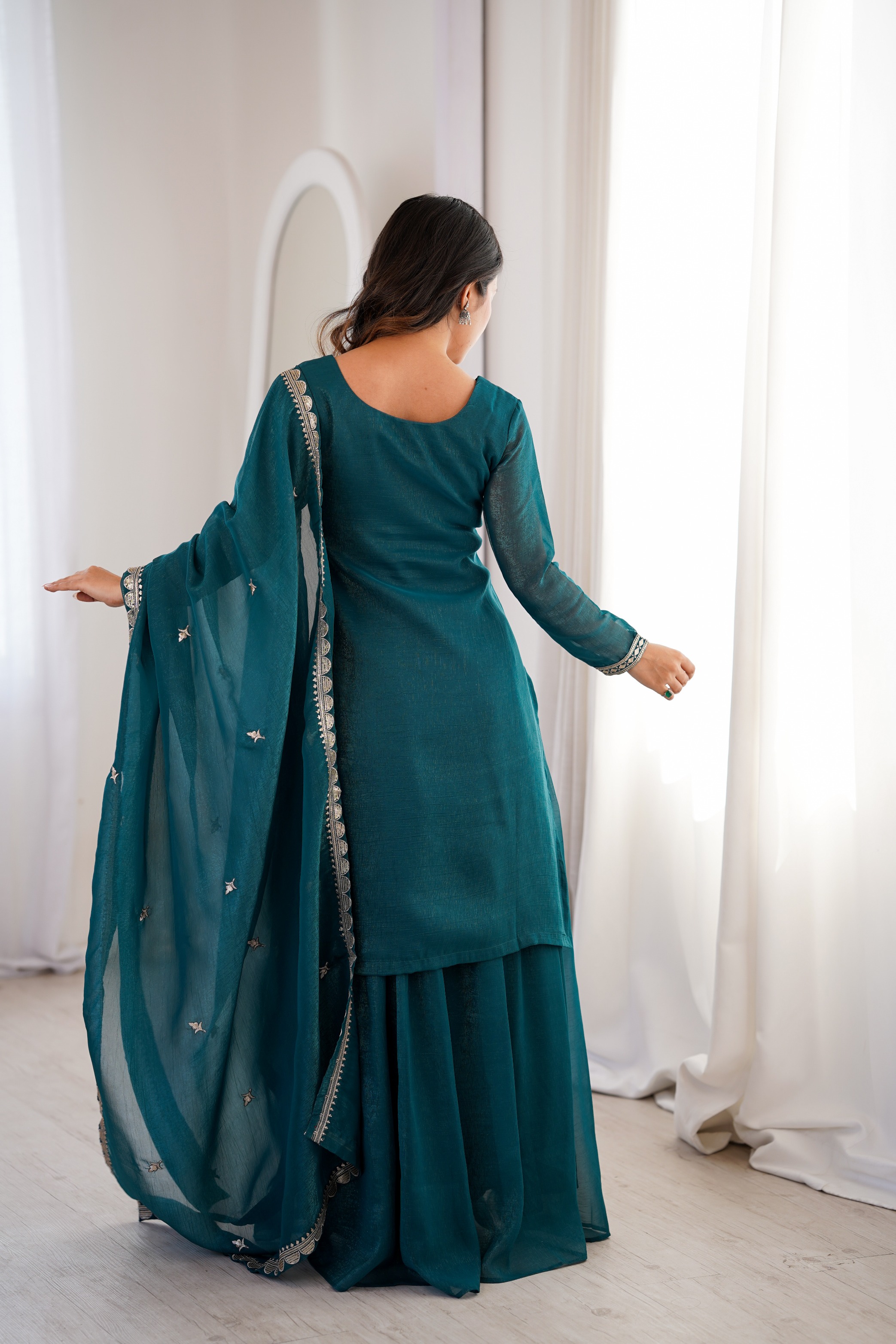 Teal Blue Embroidered Crunchy Silk Sharara Set — alternate view