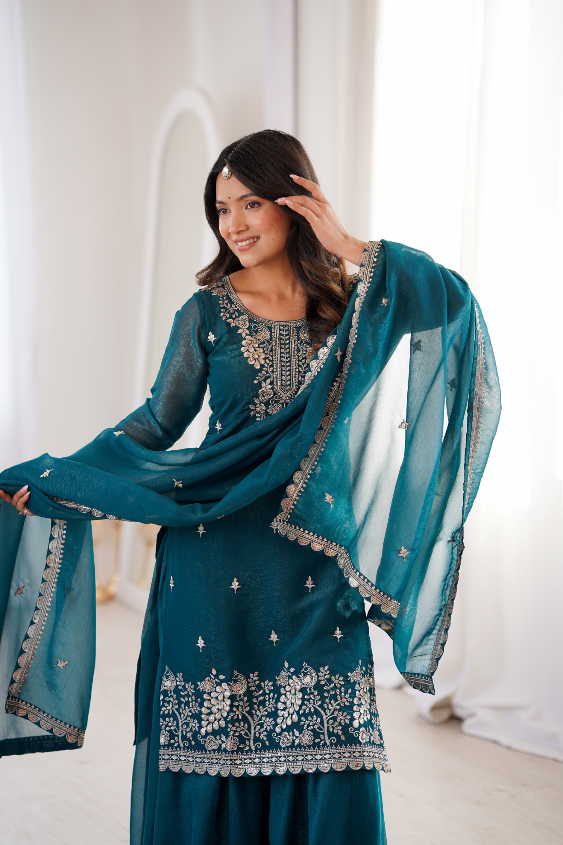 Teal Blue Embroidered Crunchy Silk Sharara Set