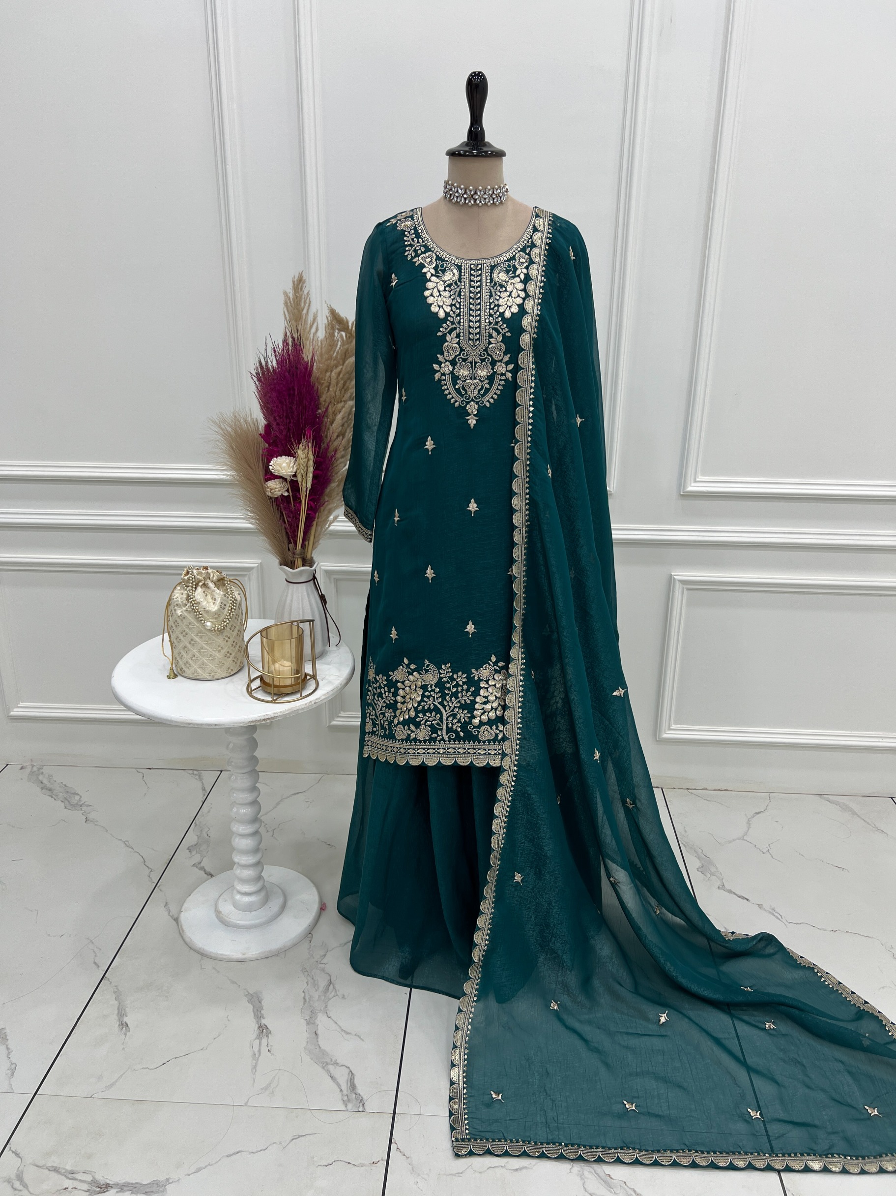 Teal Blue Embroidered Crunchy Silk Sharara Set