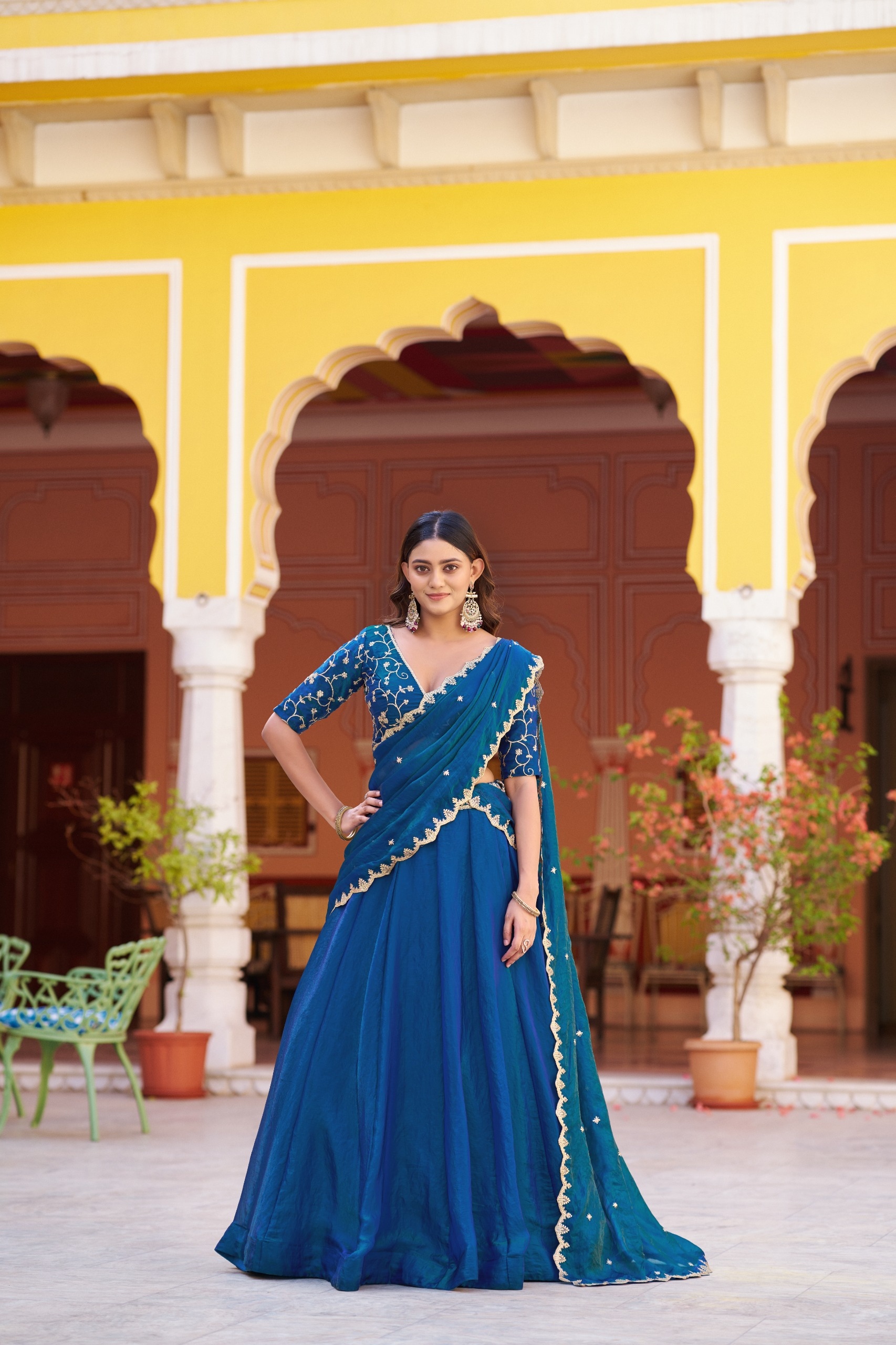 Teal Blue Embroidered Fendy Silk Lehenga Choli
