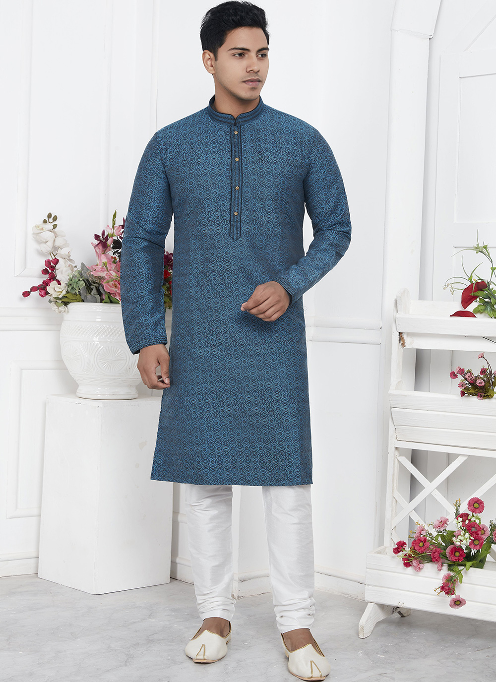 Teal Blue Embroidered Kurta Pyjama
