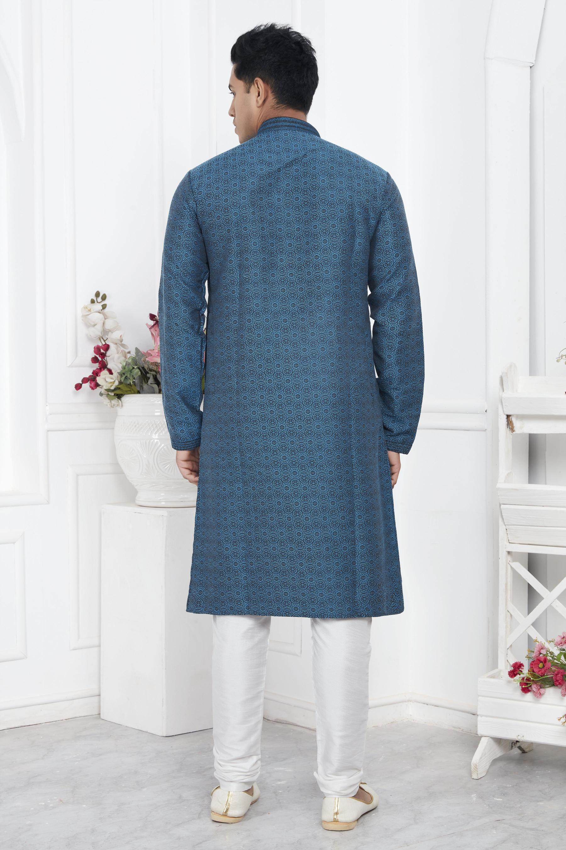 Teal Blue Embroidered Kurta Pyjama — alternate view