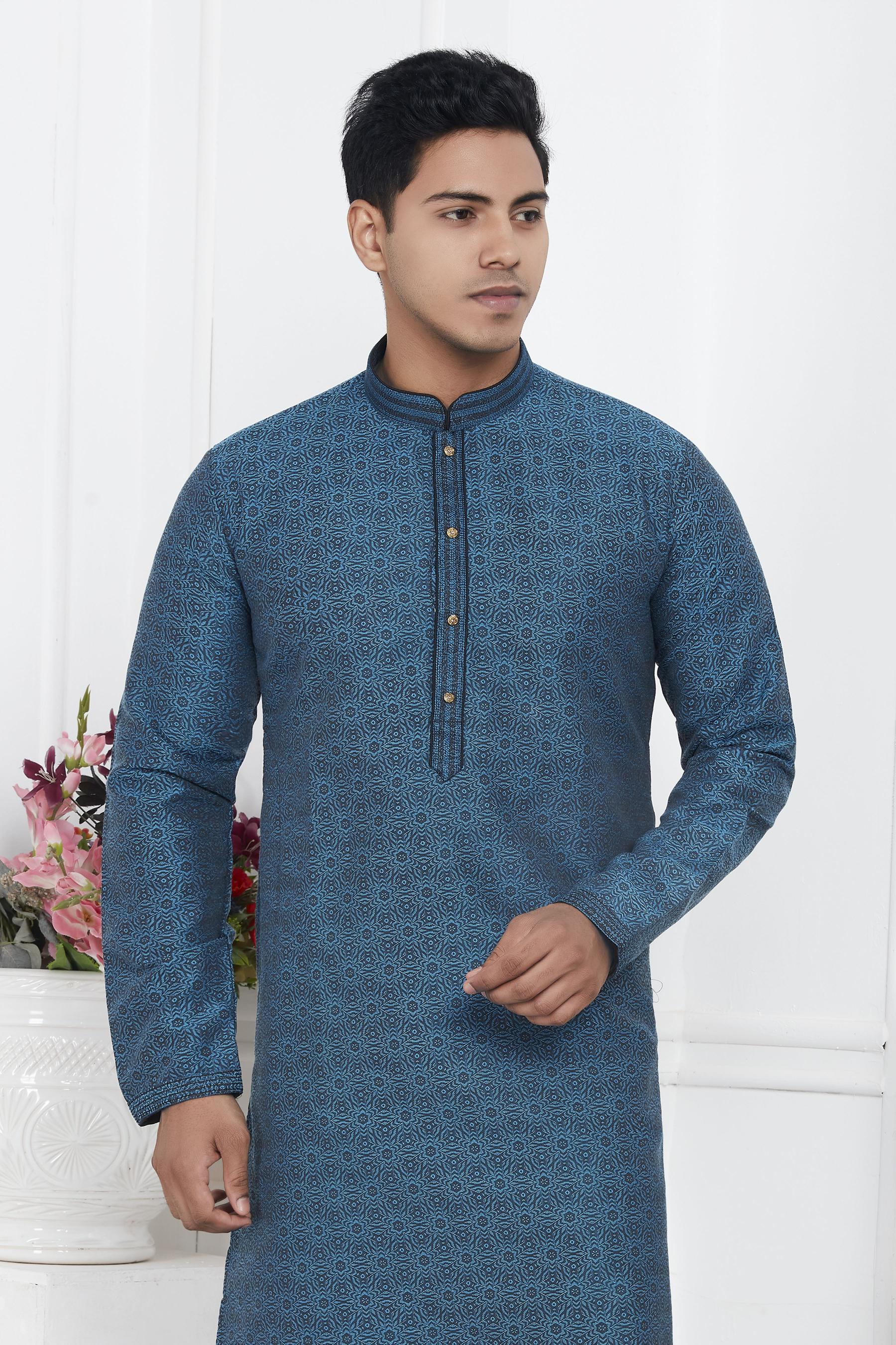 Teal Blue Embroidered Kurta Pyjama