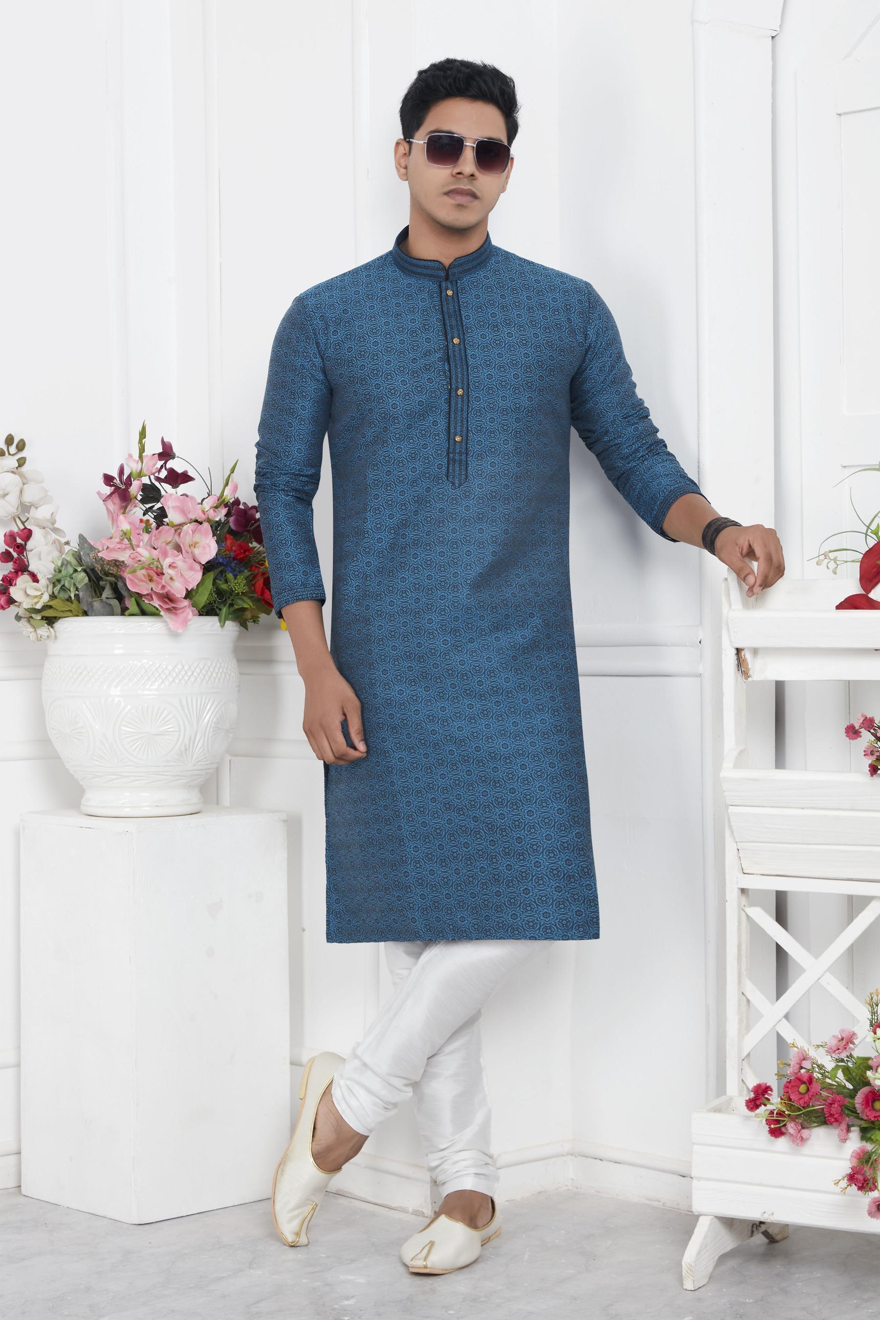 Teal Blue Embroidered Kurta Pyjama