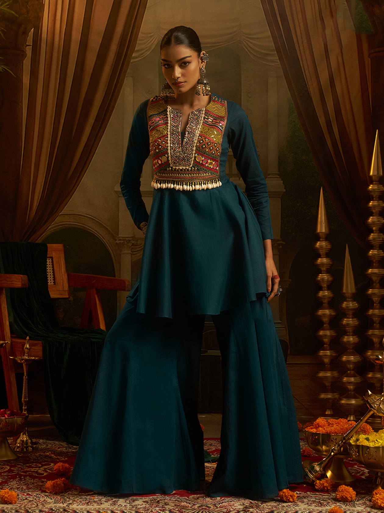 Teal Blue Embroidered Mul Cotton Peplum Kurta