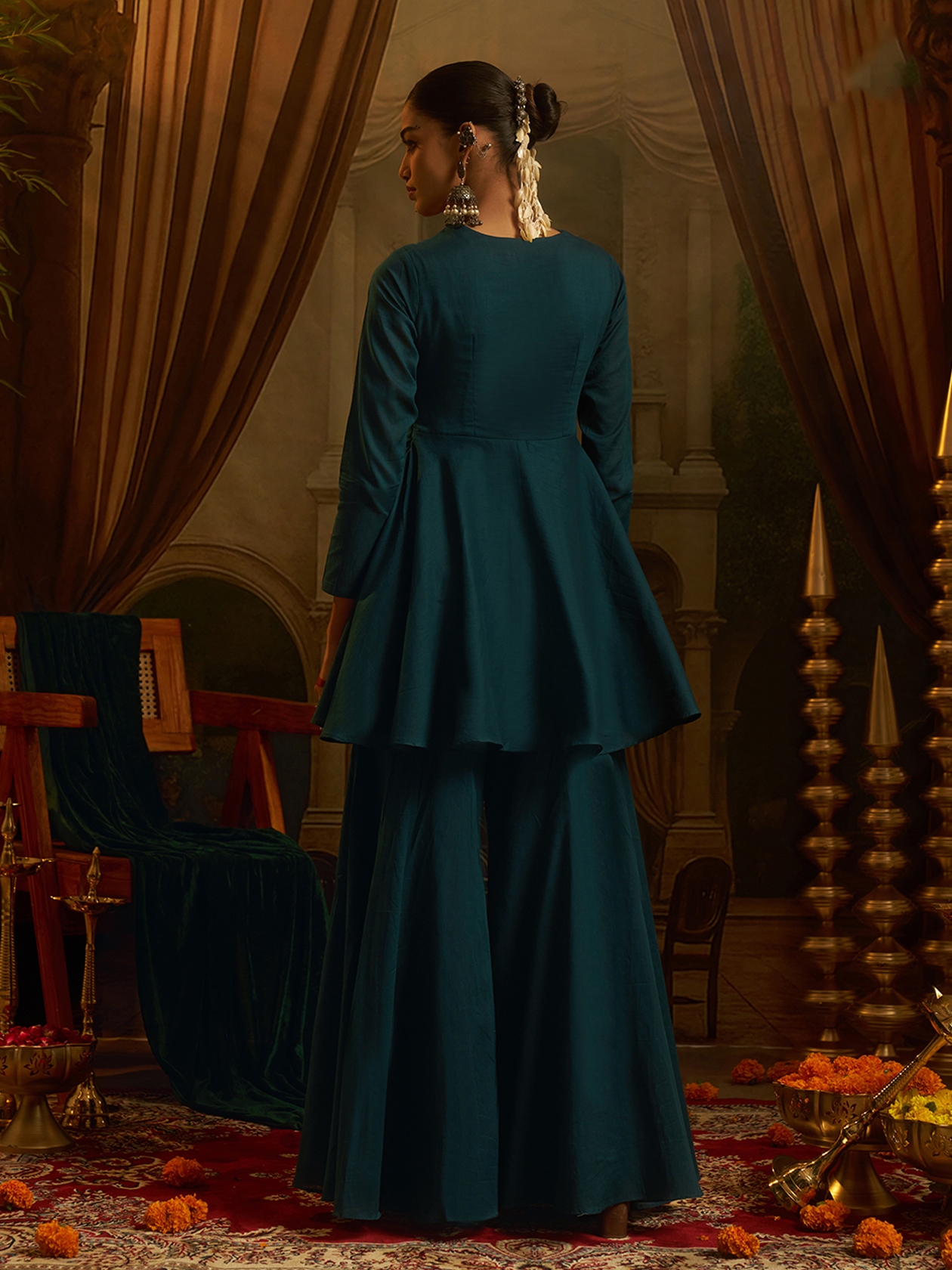 Teal Blue Embroidered Mul Cotton Peplum Kurta — alternate view