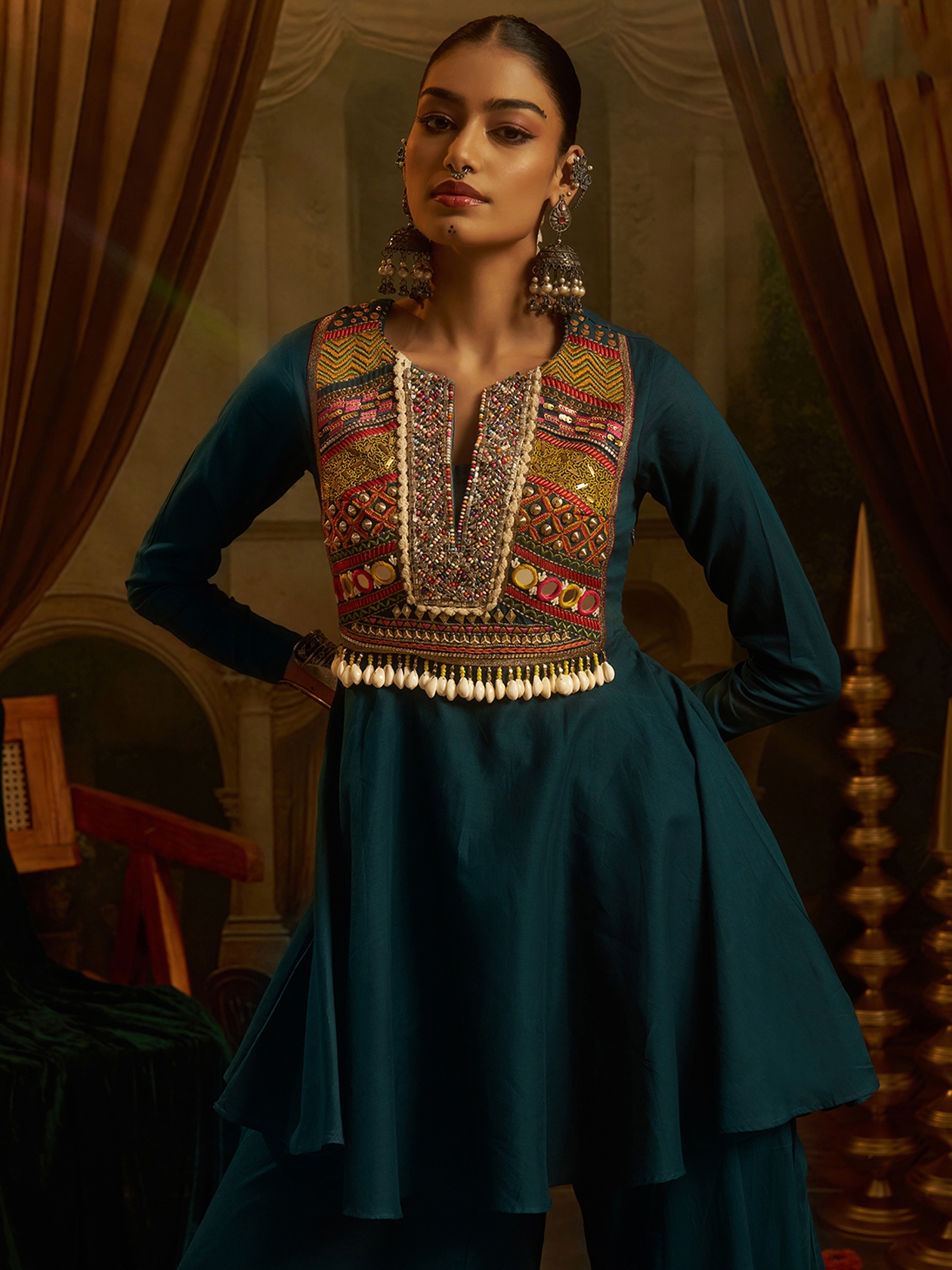 Teal Blue Embroidered Mul Cotton Peplum Kurta