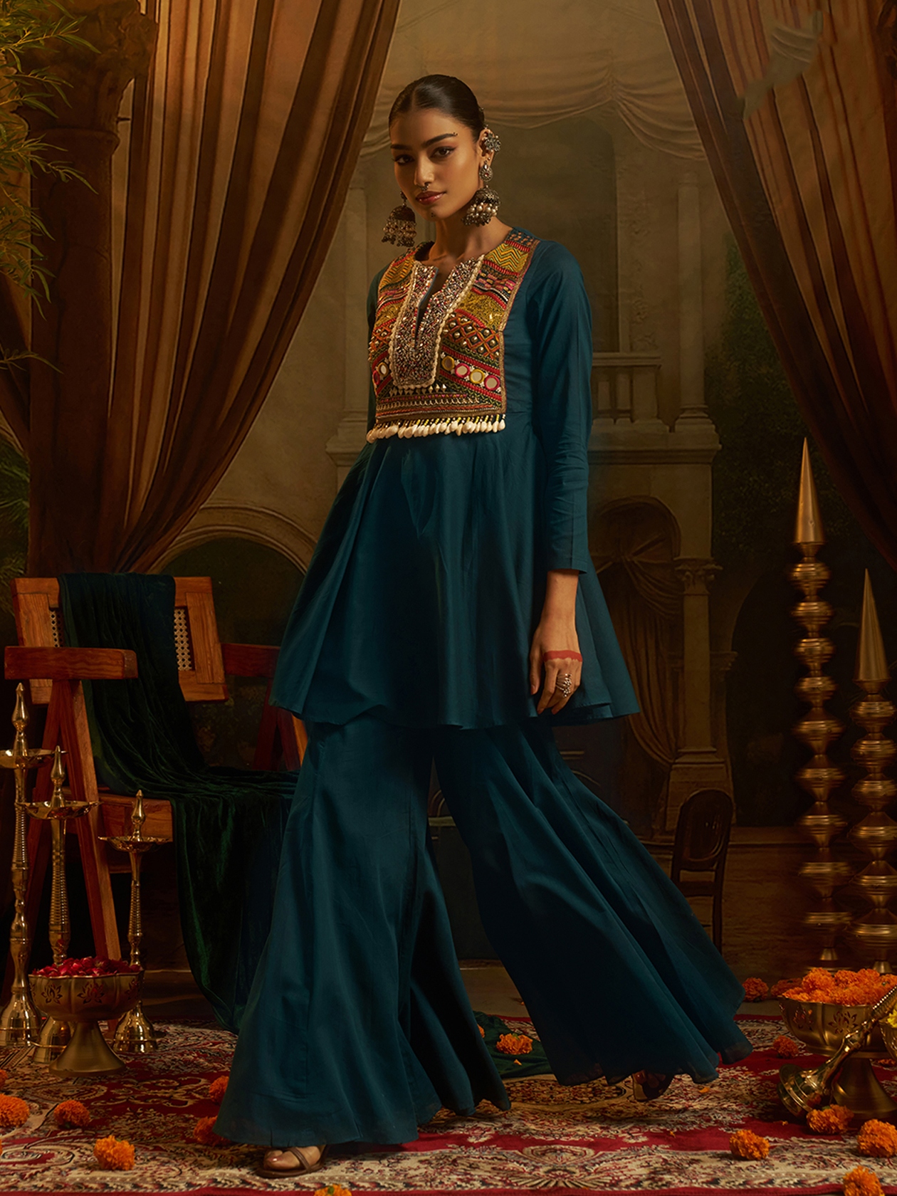 Teal Blue Embroidered Mul Cotton Peplum Kurta