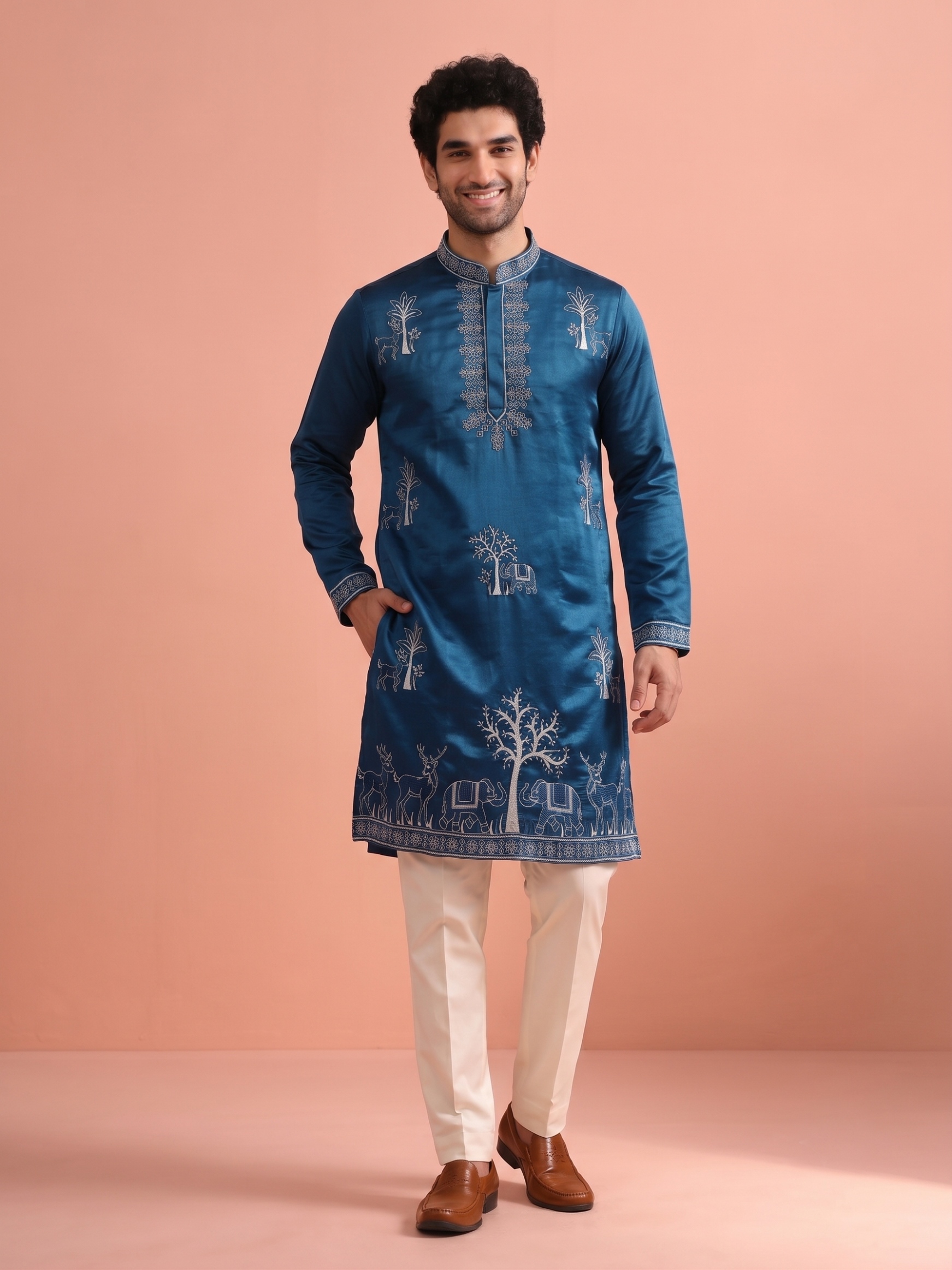 Teal Blue Embroidered Nio Satin Kurta Trouser Set