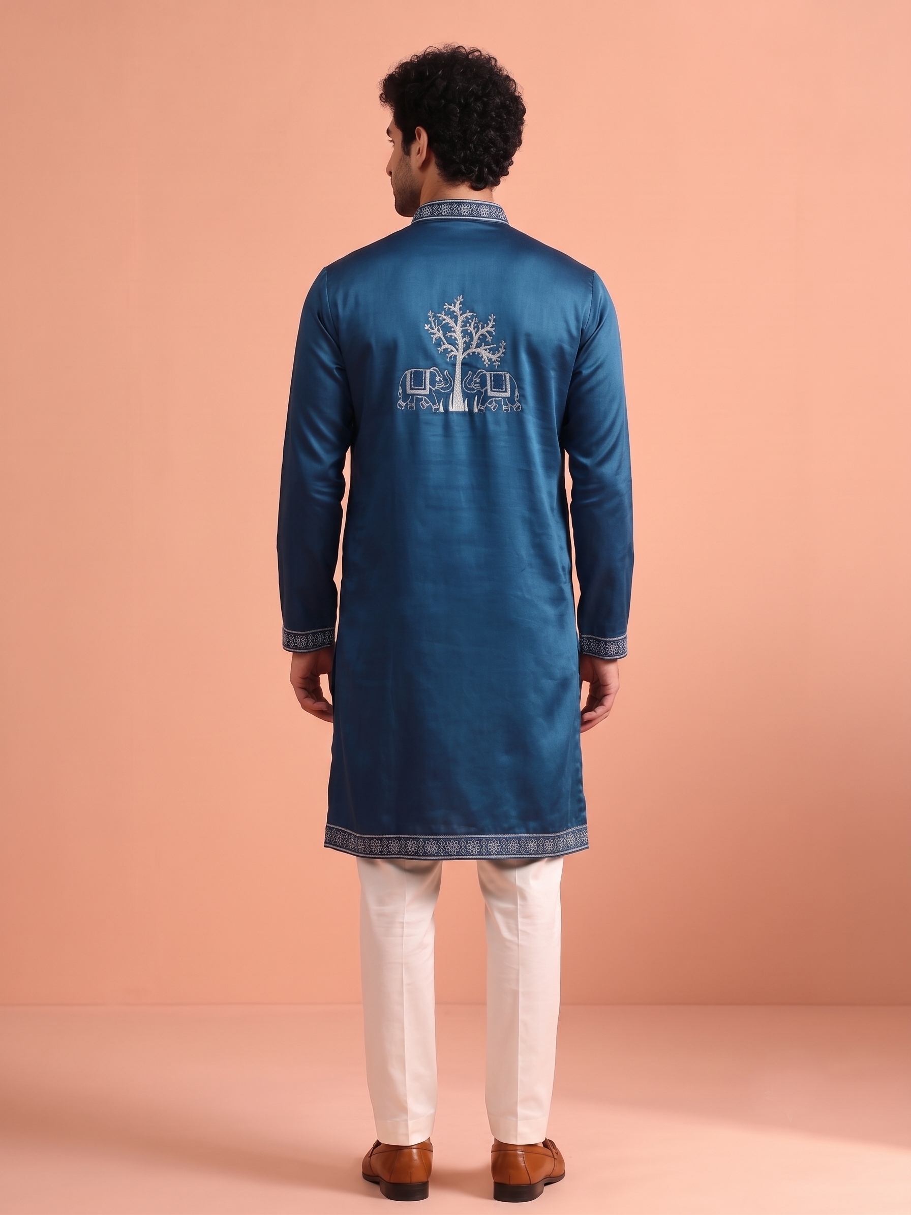 Teal Blue Embroidered Nio Satin Kurta Trouser Set — alternate view